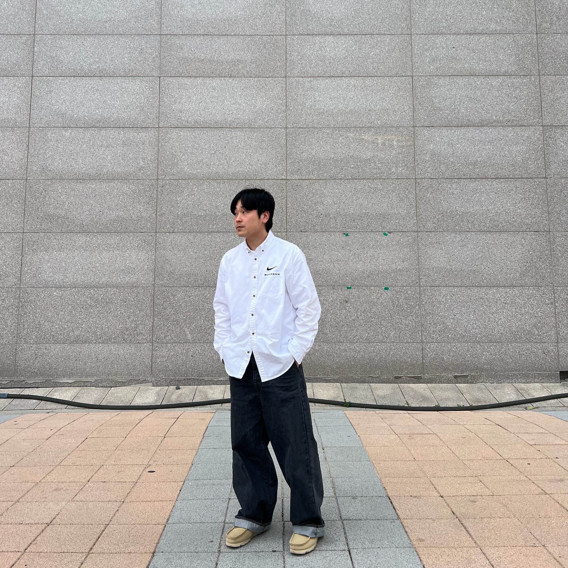 Supreme x Nike Cotton Twill Shirt White - 21SS, Kapital 14Oz Denim Port Baggy Pants Black Kinari 착용 스타일 - 2