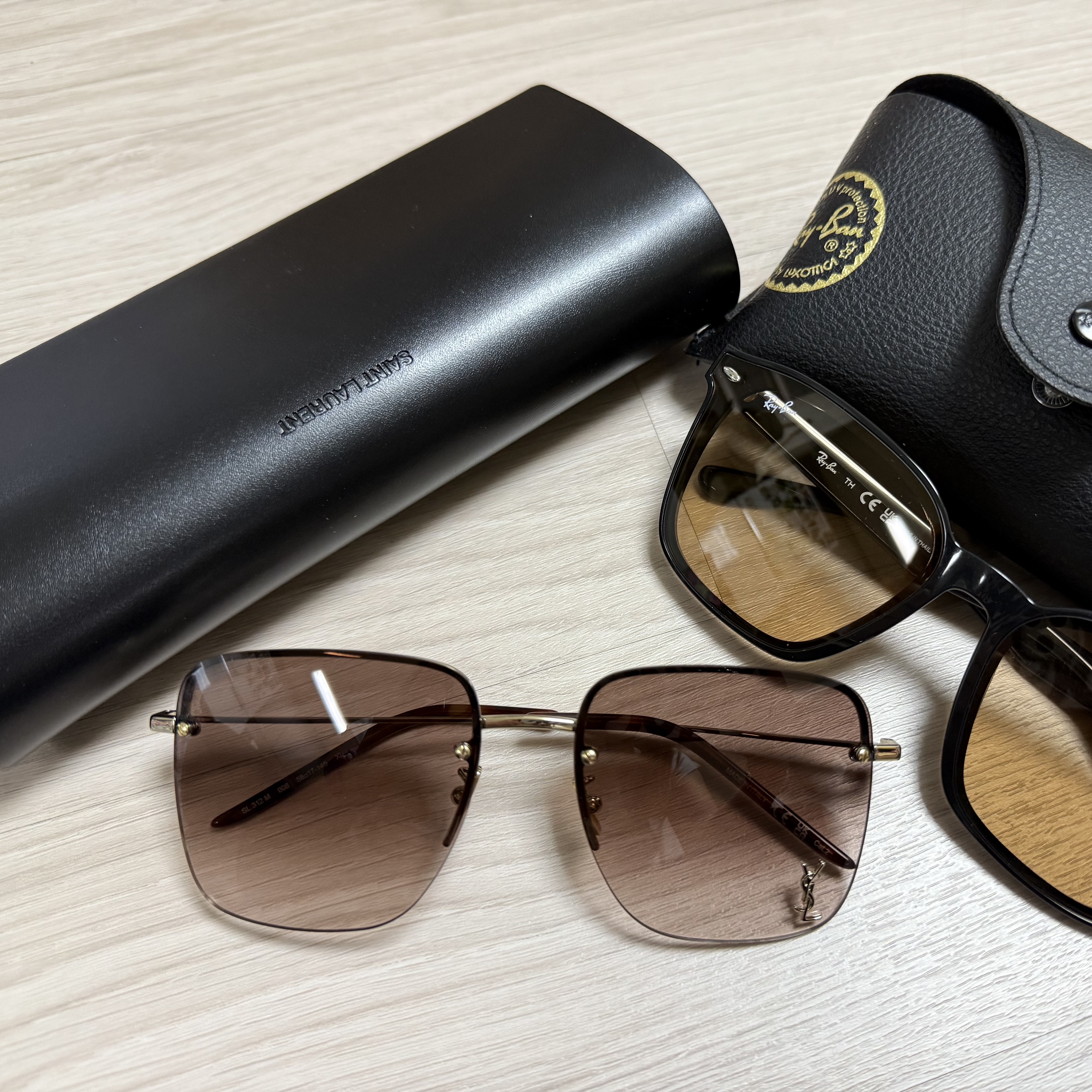 Saint Laurent SL 312 M Sunglasses Light Gold Gradient Brown, Ray-Ban RB4392D Polished Black Frame Dark Grey Classic Lenses Low Bridge Fit 착용 스타일