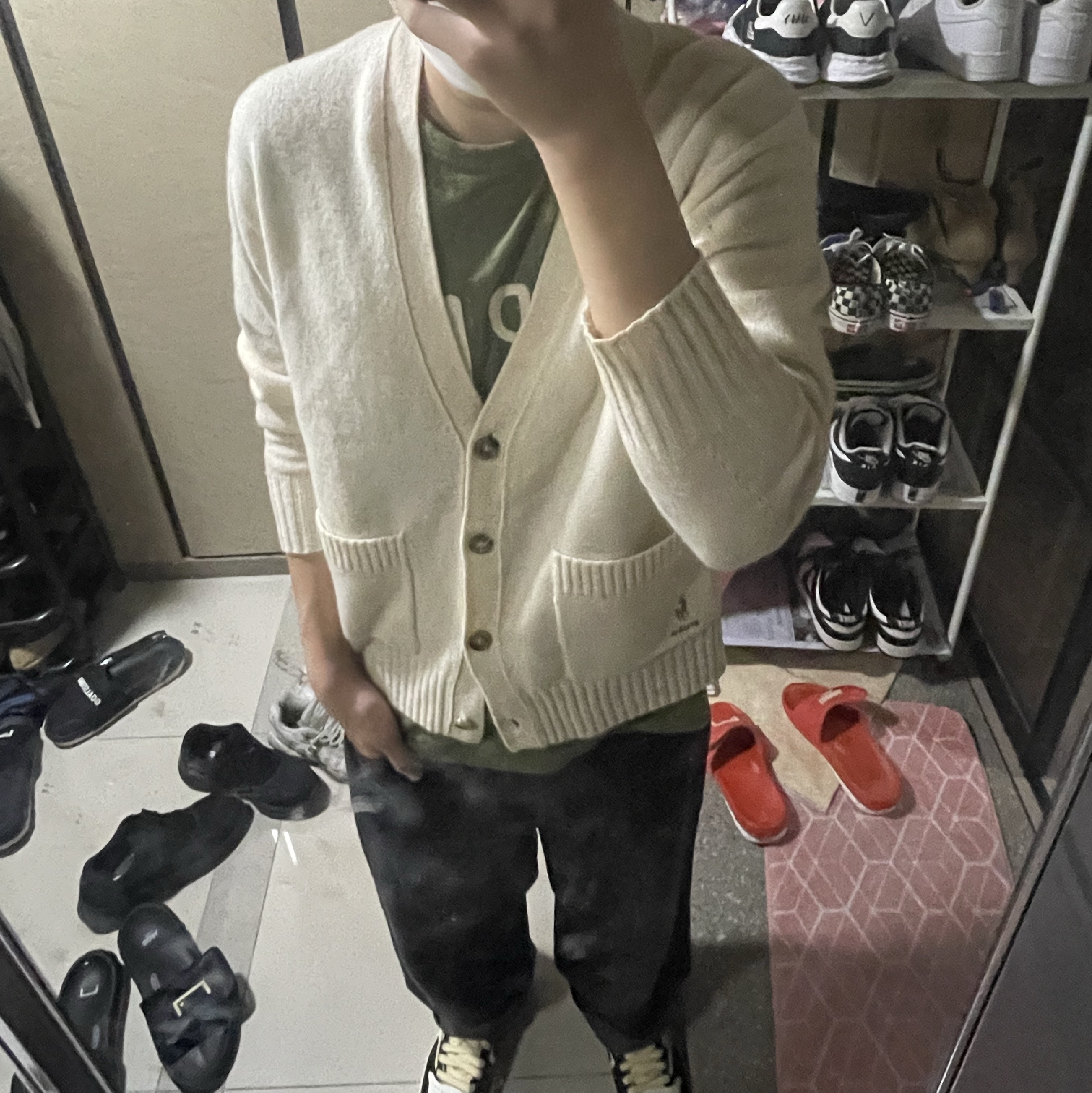 Jordan 1 x Travis Scott x Fragment Retro Low OG SP Military Blue, Vans Authentic Golden Coast Checkerboard 착용 스타일 - 1