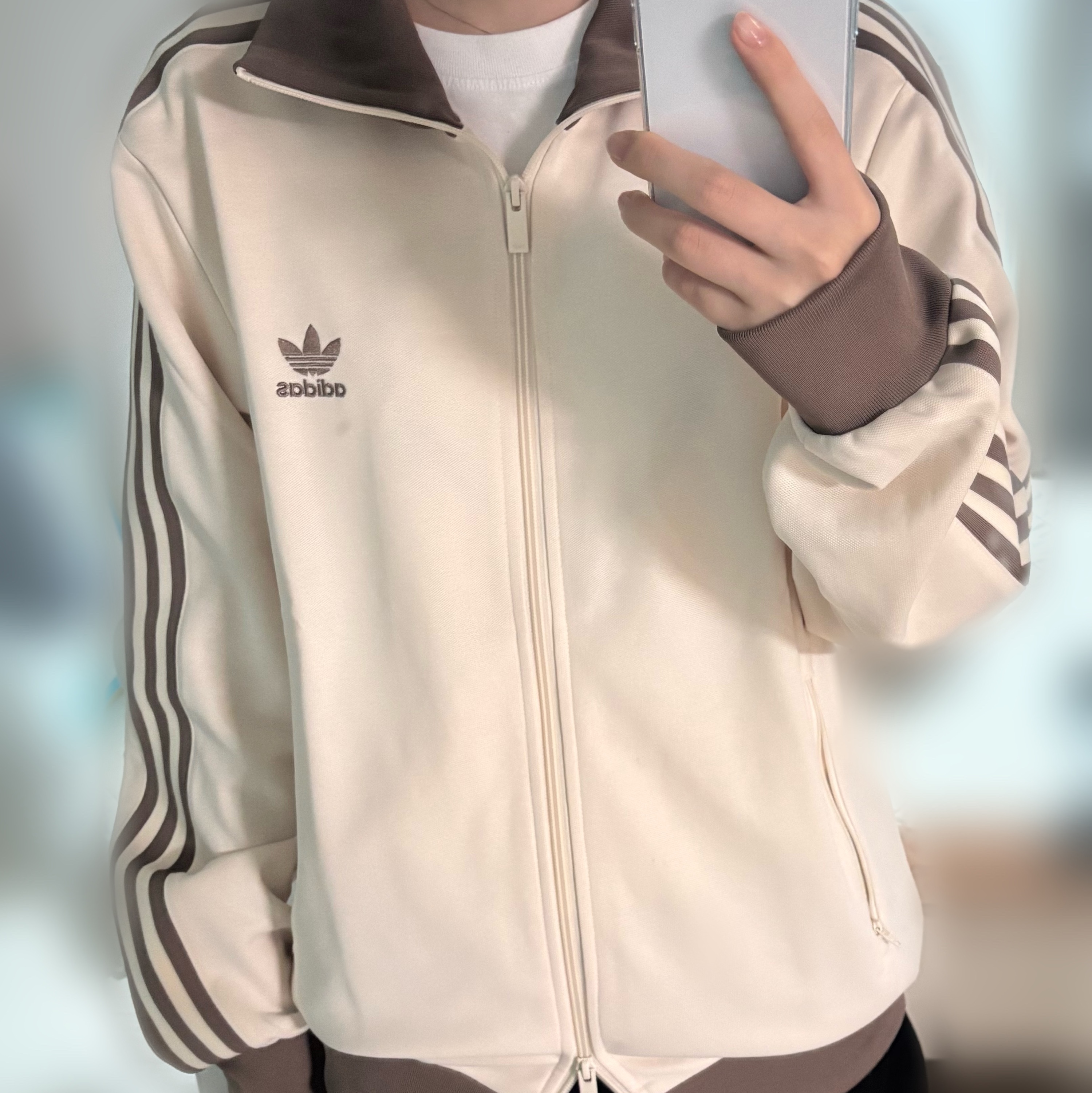 Adidas Adicolor Classic Beckenbauer Track Top Wonder White Trace Brown - KR Sizing 착용 스타일 - 2
