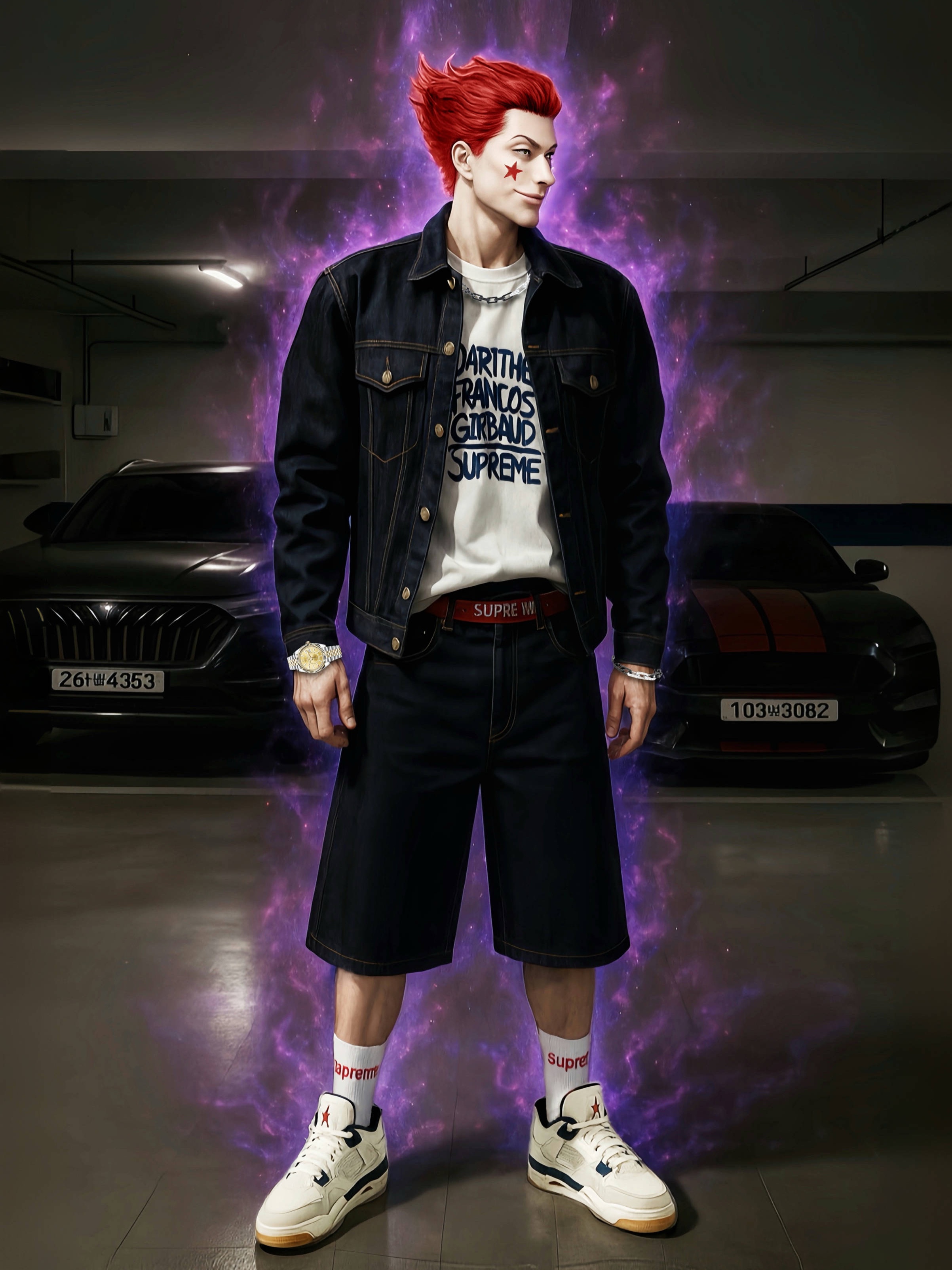 Supreme x Marithe Francois Girbaud X-Seam Denim Trucker Jacket Rigid Indigo - 25SS, Supreme x Marithe Francois Girbaud Hockey Jersey White - 25SS 착용 스타일 - 1