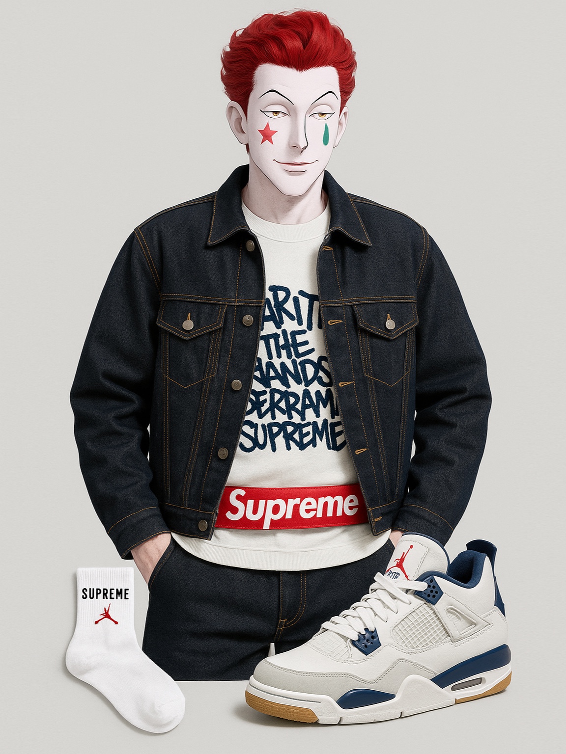 Supreme x Marithe Francois Girbaud X-Seam Denim Trucker Jacket Rigid Indigo - 25SS, Supreme x Marithe Francois Girbaud Hockey Jersey White - 25SS 착용 스타일 - 2