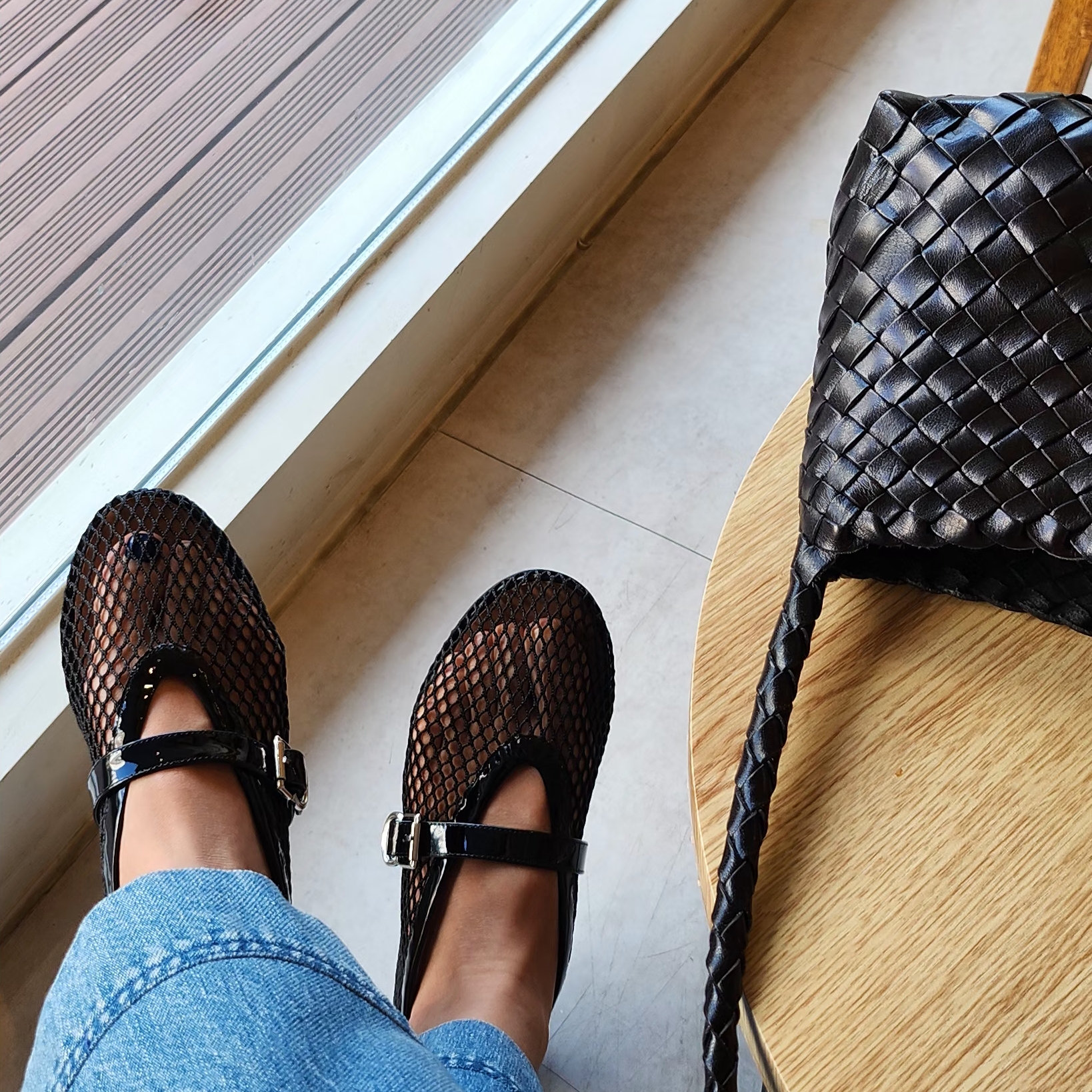 (W) Alaia Ballet Flats in Fishnet Black 착용 스타일