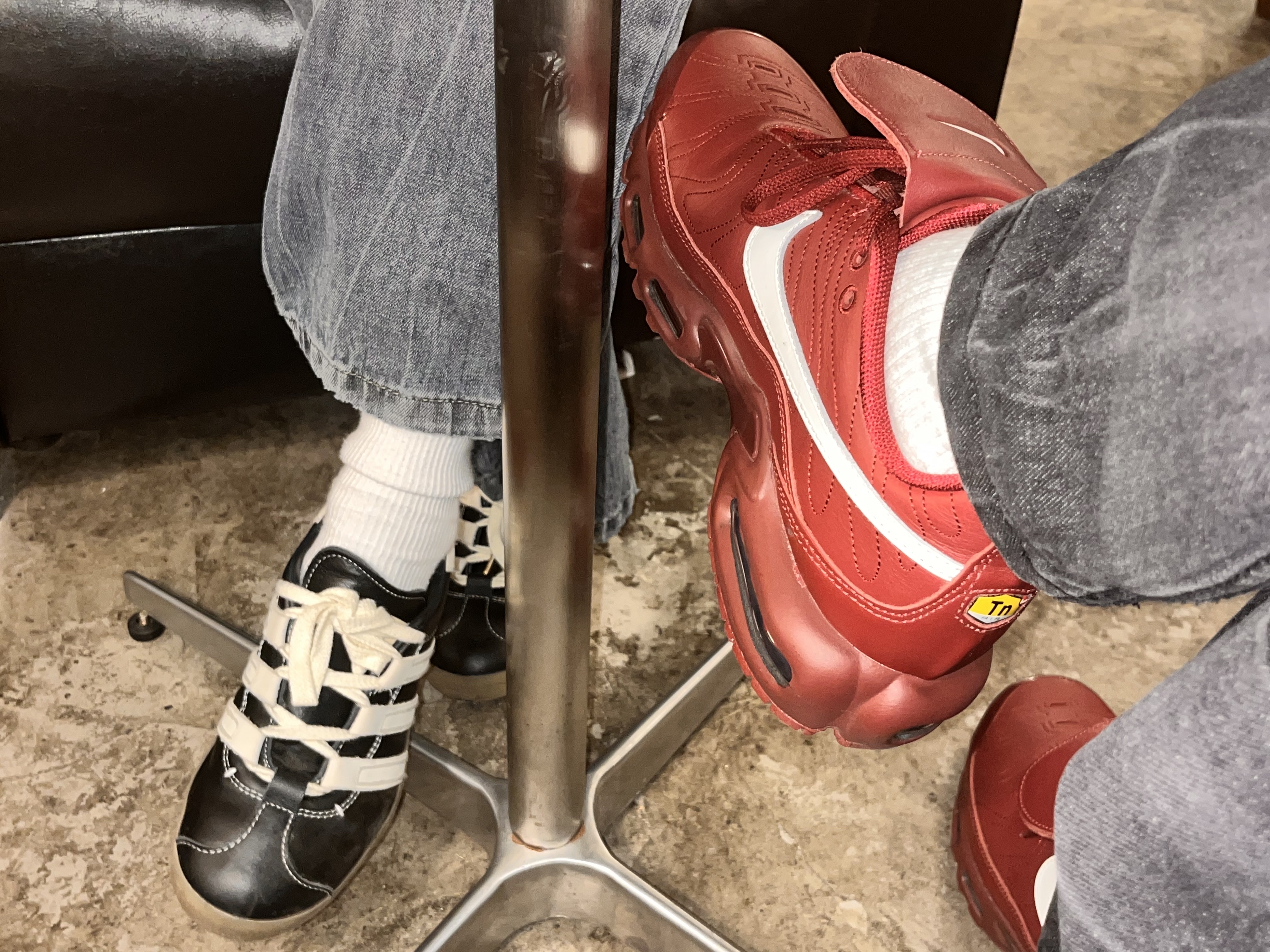 Nike Air Max Plus TNPO Team Red and Sail, Adidas x Foot Industry Gazelle Core Black Cream White 착용 스타일