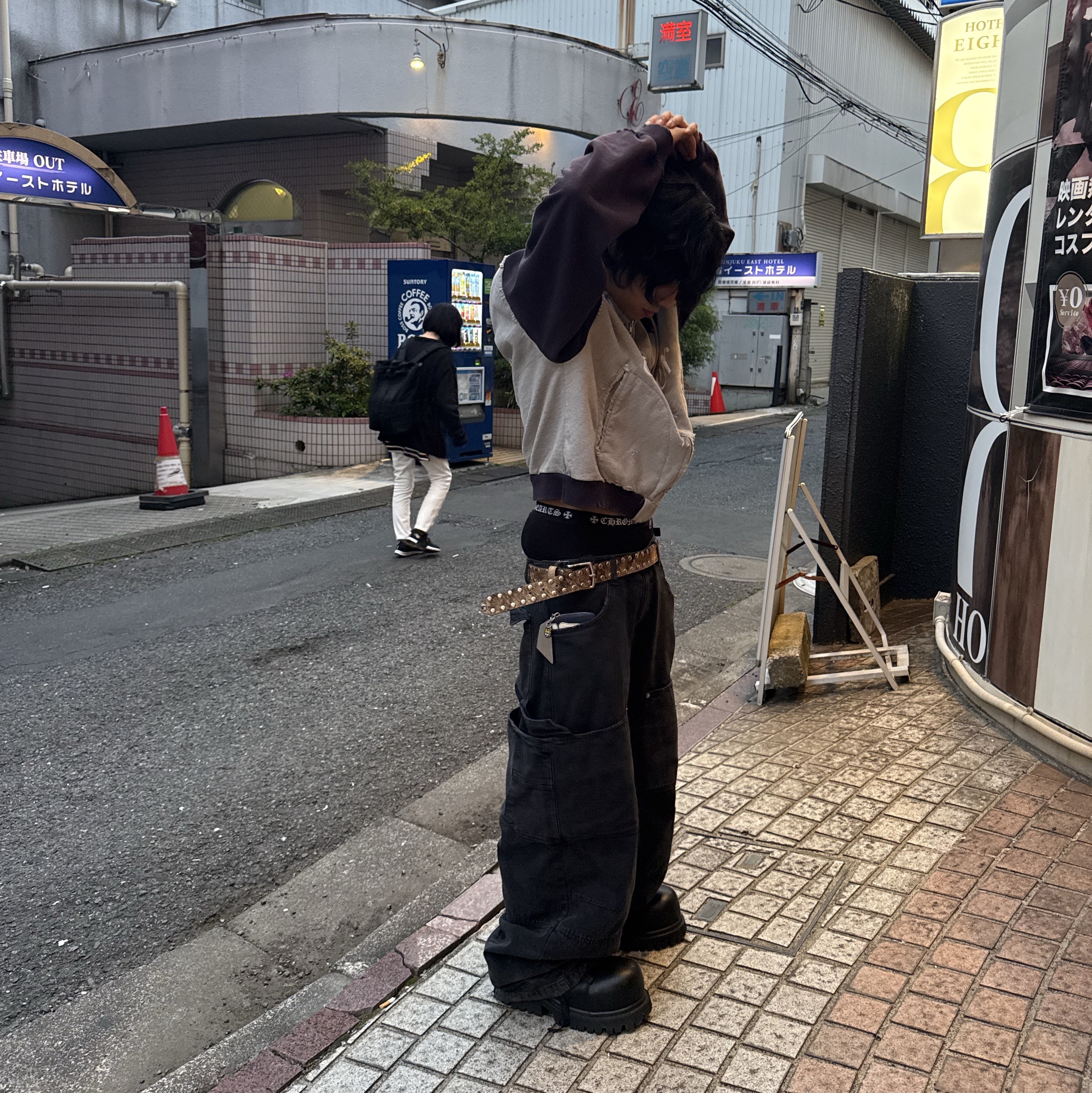 Project G/R Cuntier Zip Hoodie Melange Grey, Nonnod Double knee cover pants Vintage black 착용 스타일 - 3