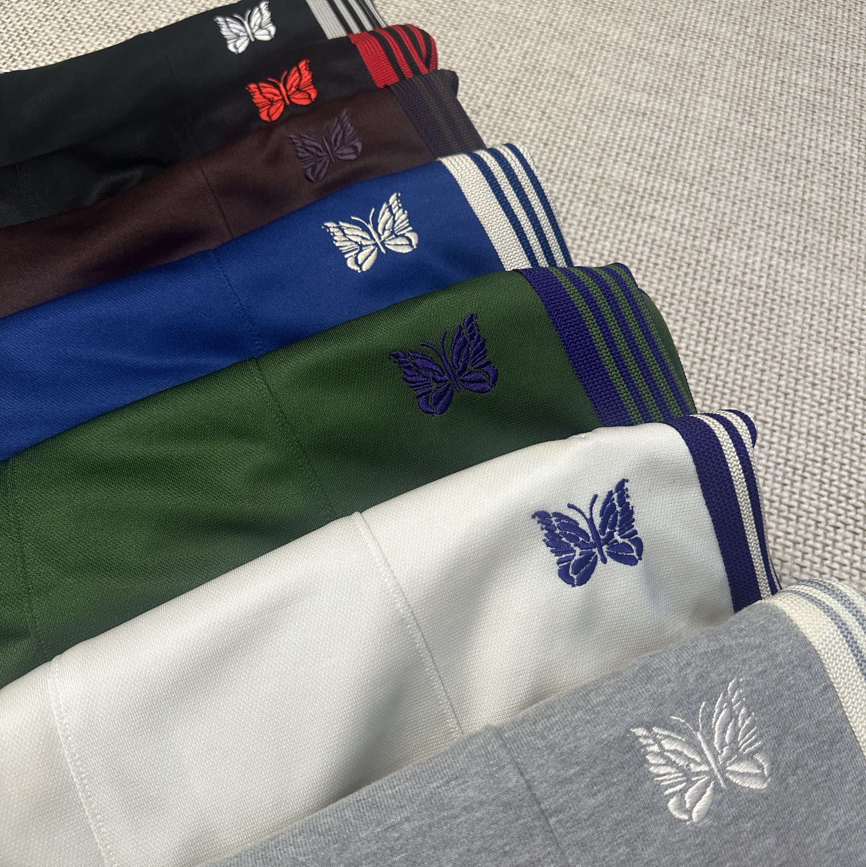Needles H.D. Track Pants Poly Smooth Royal, Needles x LHP H.D. Track Pants Cotton Jersey Grey 착용 스타일