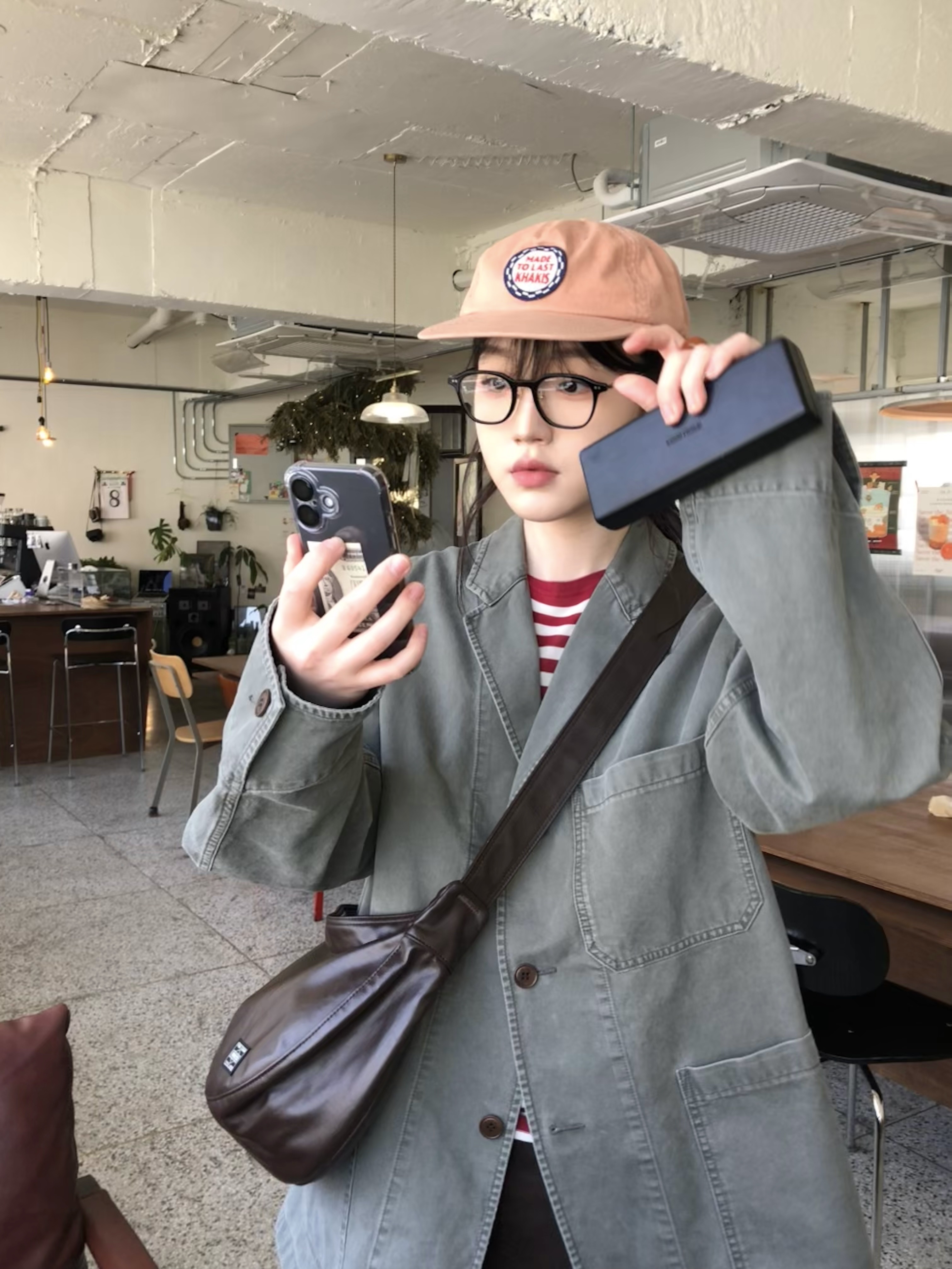 Porter Free Style Shoulder Bag Brown, Khakis Engineer Jacket Mud 착용 스타일 - 1
