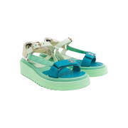 Chanel 22P Back Lettering Sandals 37 Green/Blue Champagne Gold