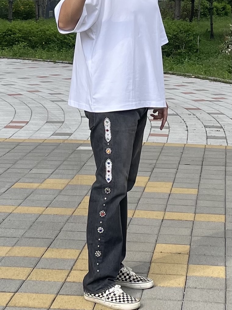 Kapital 14 oz. Denim 5P Monkey Cisco Gemstone Pants Black 착용 스타일 - 6