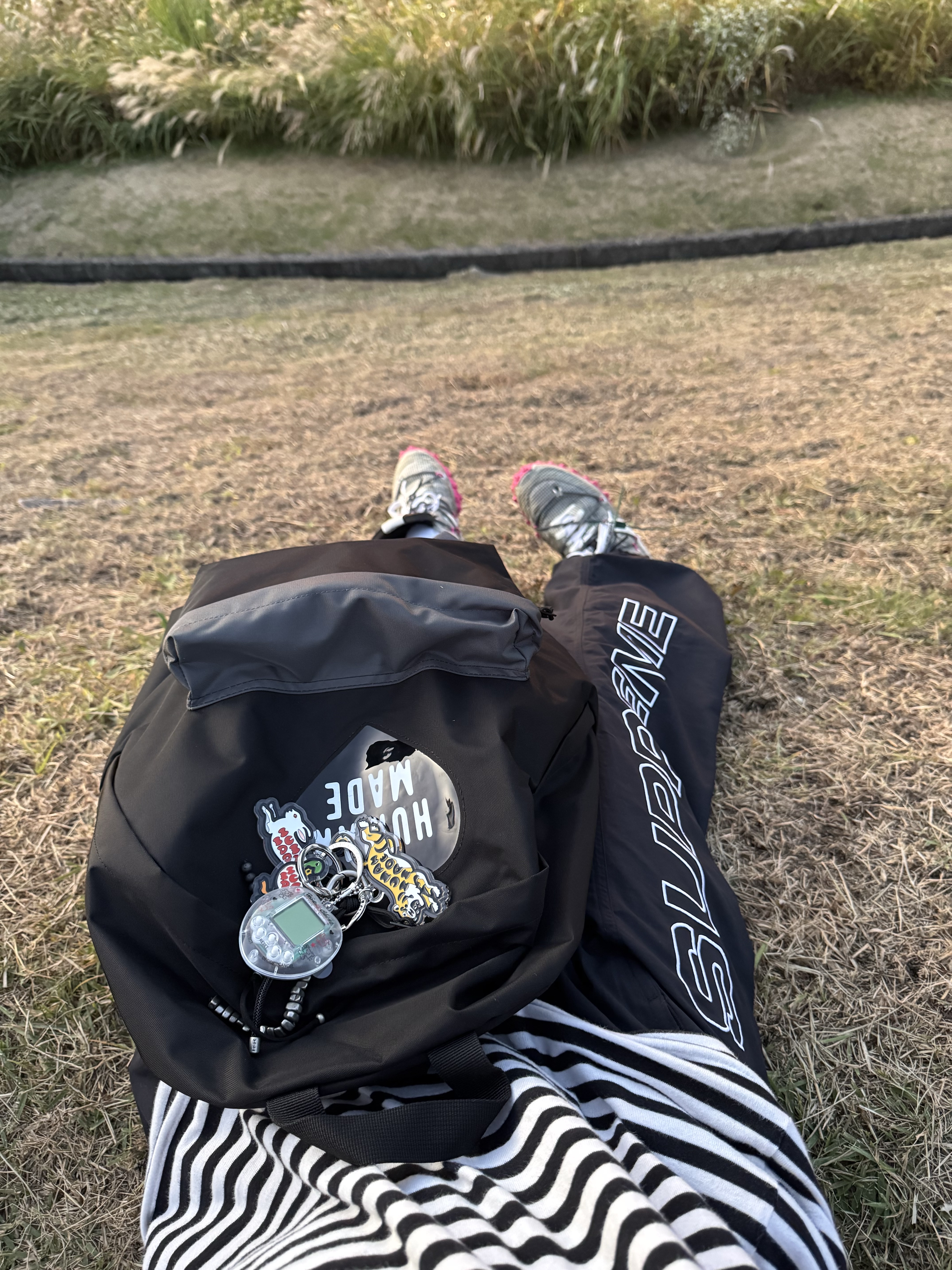 Human Made Backpack Black, Supreme Spellout Embroidered Track Pant Black - 24FW 착용 스타일 - 2