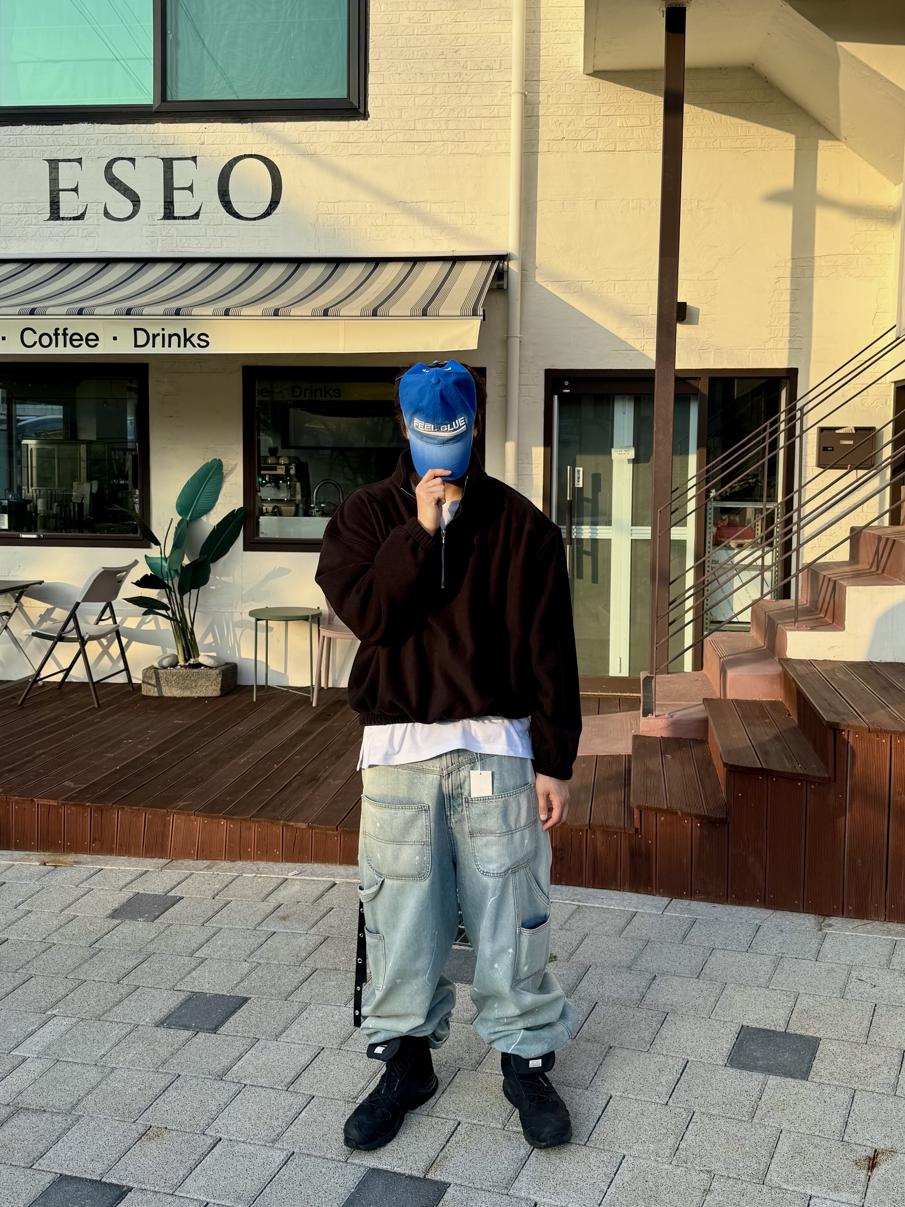 [예약 배송] Nonnod Half zip fleece Black, Project G/R Backward Carpenter Pants Blue 착용 스타일 - 1