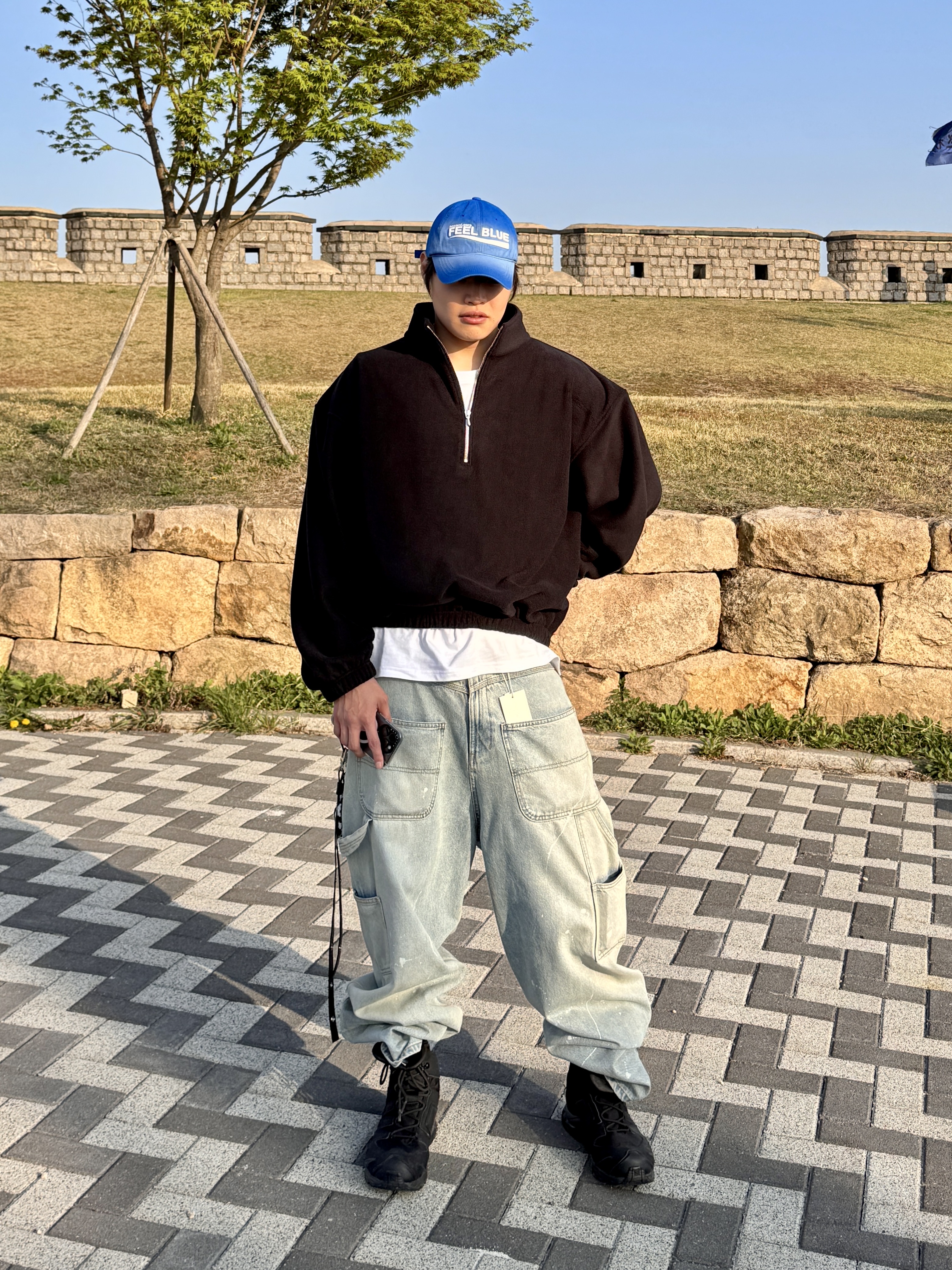 [예약 배송] Nonnod Half zip fleece Black, Project G/R Backward Carpenter Pants Blue 착용 스타일 - 3