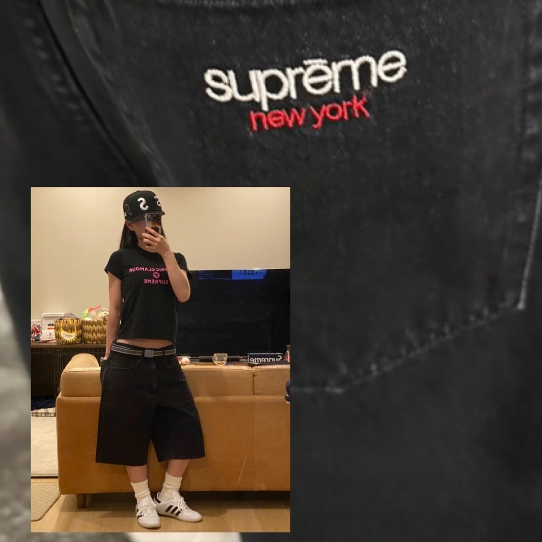 Supreme Baggy Denim Shorts Black - 25SS 착용 스타일 - 4
