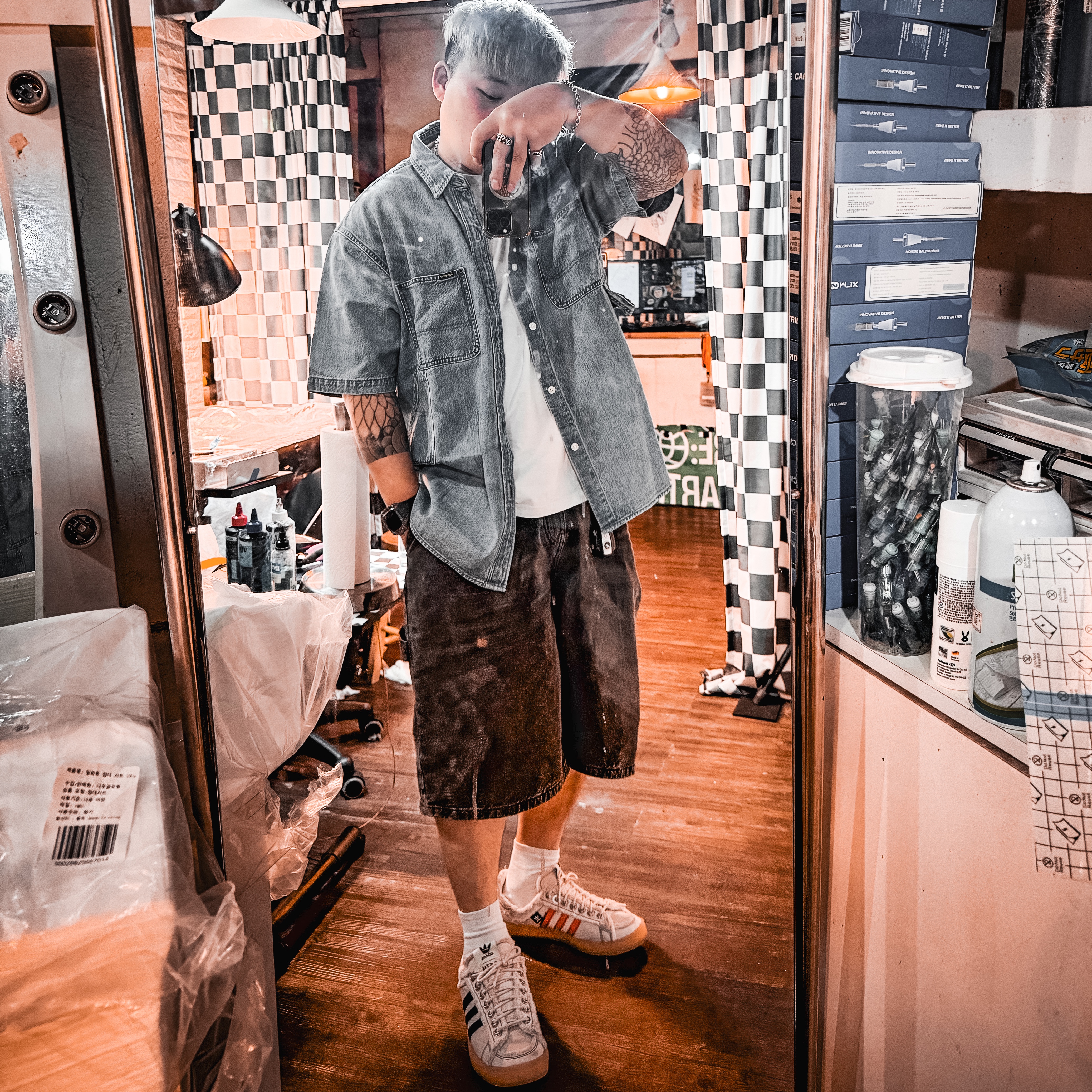 Adidas x Song for the Mute Campus 80s Bliss Core Black, Supreme Loose Fit S/S Denim Painter Shirt Washed Blue - 24SS 착용 스타일