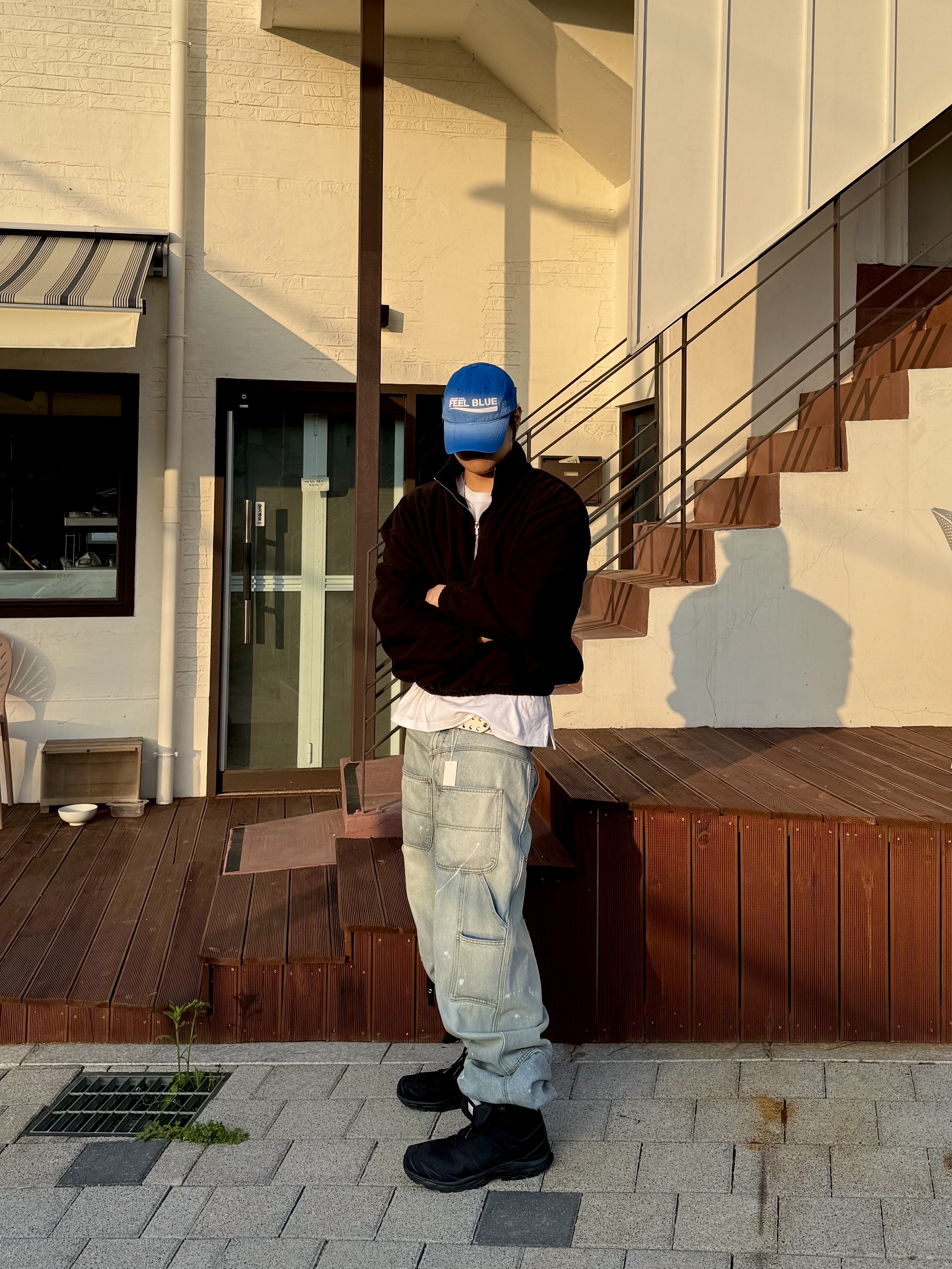 [예약 배송] Nonnod Half zip fleece Black, Project G/R Backward Carpenter Pants Blue 착용 스타일 - 2