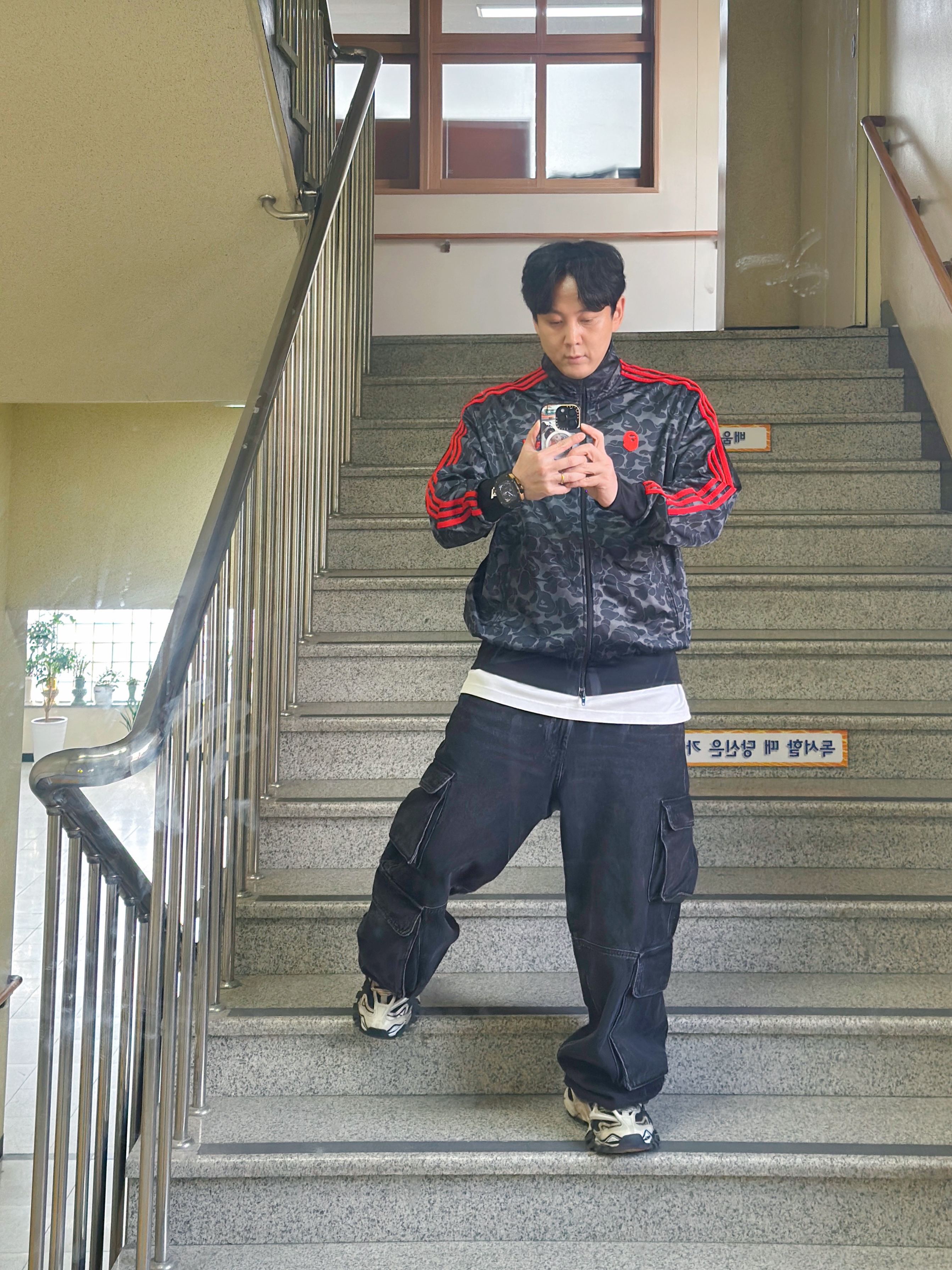 Adidas x BAPE Allover Print Track Top Black - KR Sizing 착용 스타일 - 2
