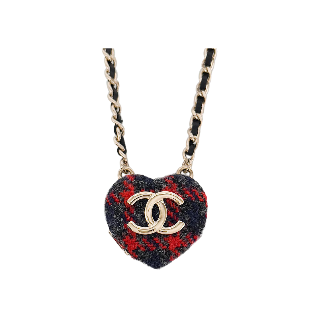샤넬 22K 트위드 하트 미러 체인 네크리스 레드/네이비/골드(Chanel 22K Tweed Heart Mirror Chain Necklace Red/Navy/Gold)