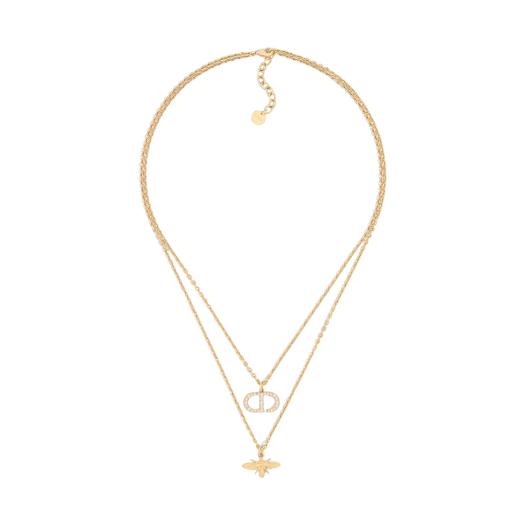 (W) Dior Petit CD Bee Necklace Gold Finish Metal White Resin Pearls