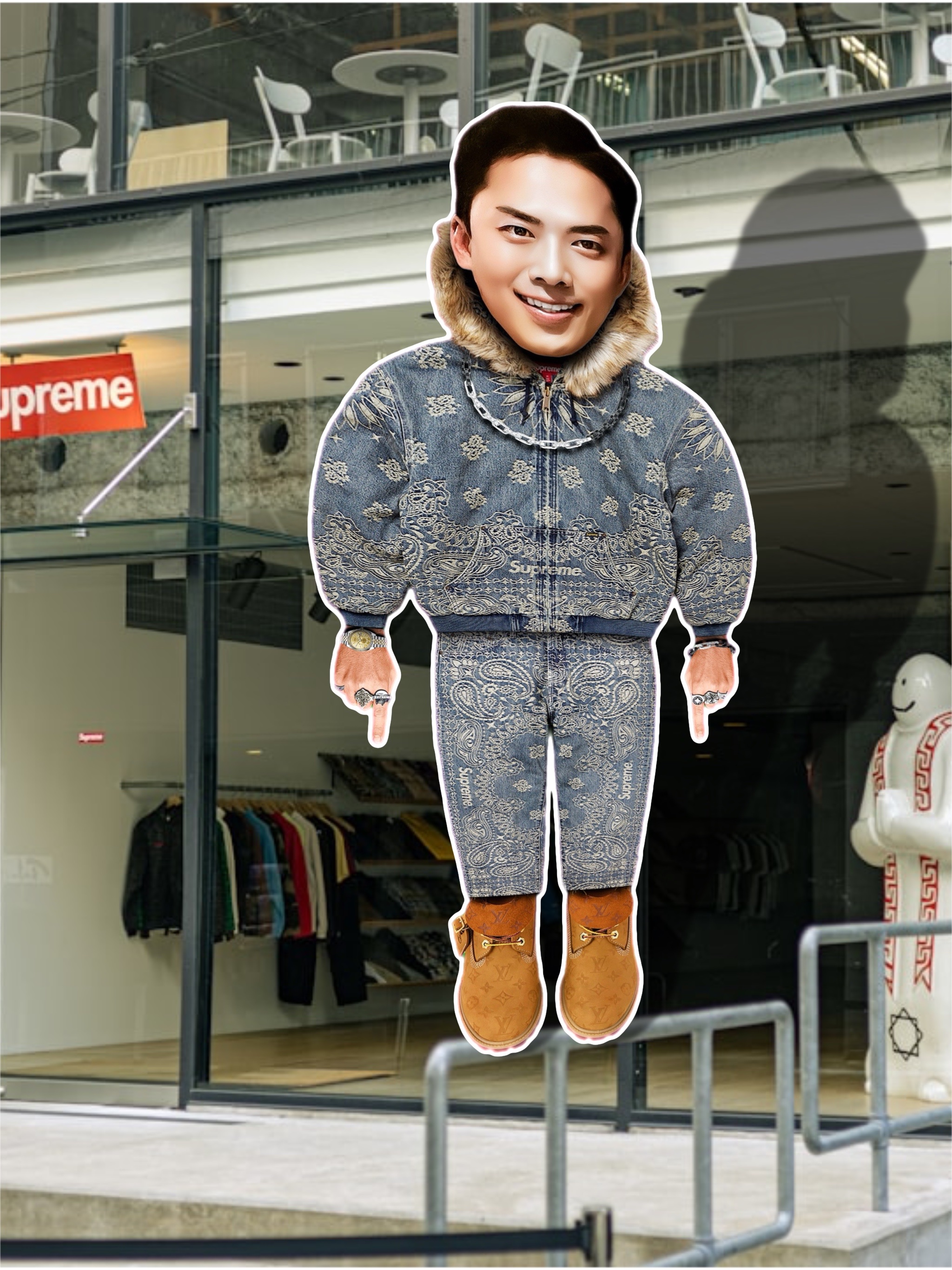 Supreme Bandana Jacquard Denim Hooded Work Jacket Blue - 25SS, Supreme Bandana Jacquard Baggy Jean Blue - 25SS 착용 스타일 - 1