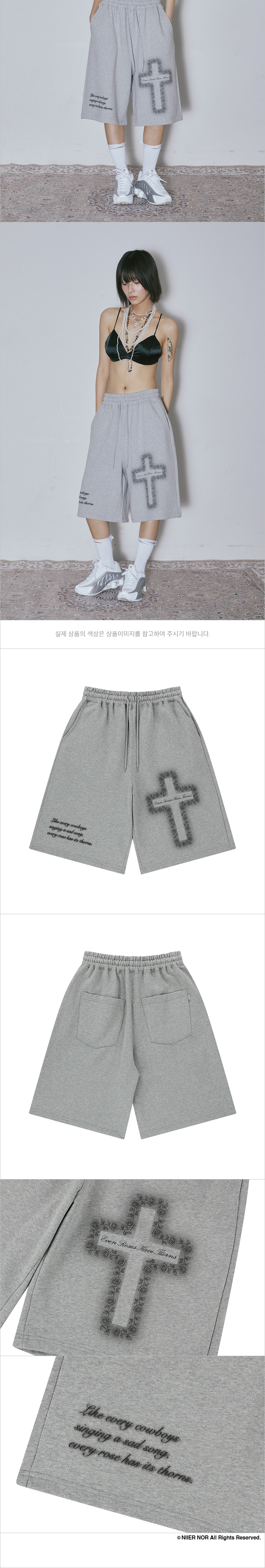 【韓国NIIER NOR ニアノア】CROSS ROSE HALF PANTS_MELANGE GREY 니어 노어 크로스 로즈 하프 팬츠 멜란지 그레이 | NIIER NOR