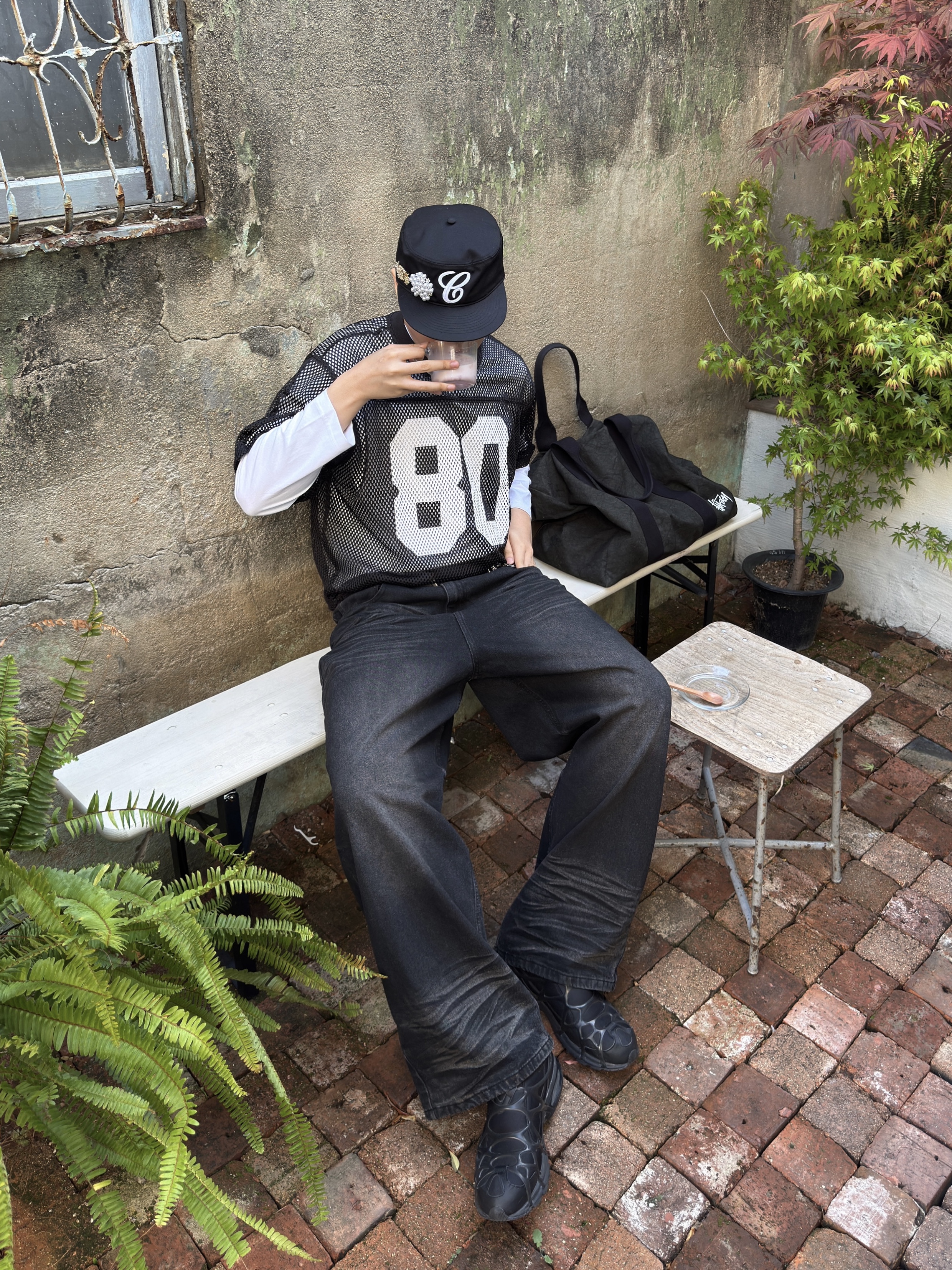 Stussy Canvas Flight Bag Washed Black, Stussy Team Jersey 80 Black 착용 스타일 - 1