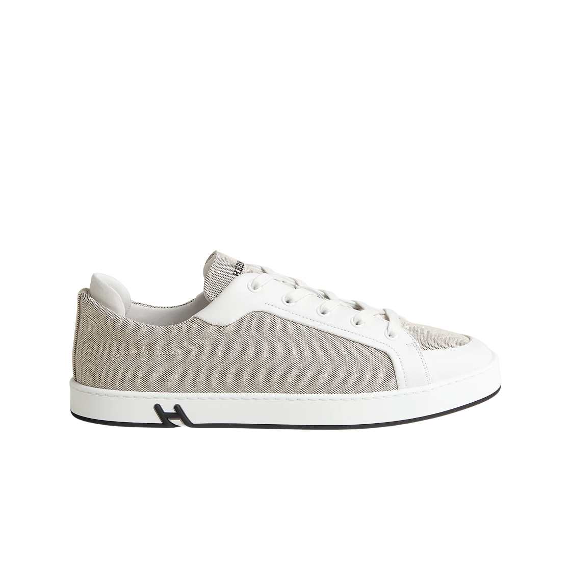 H251930ZHPN Hermes Kid Sneakers H Canvas Calfskin Suede Goatskin & Prunoir Blanc