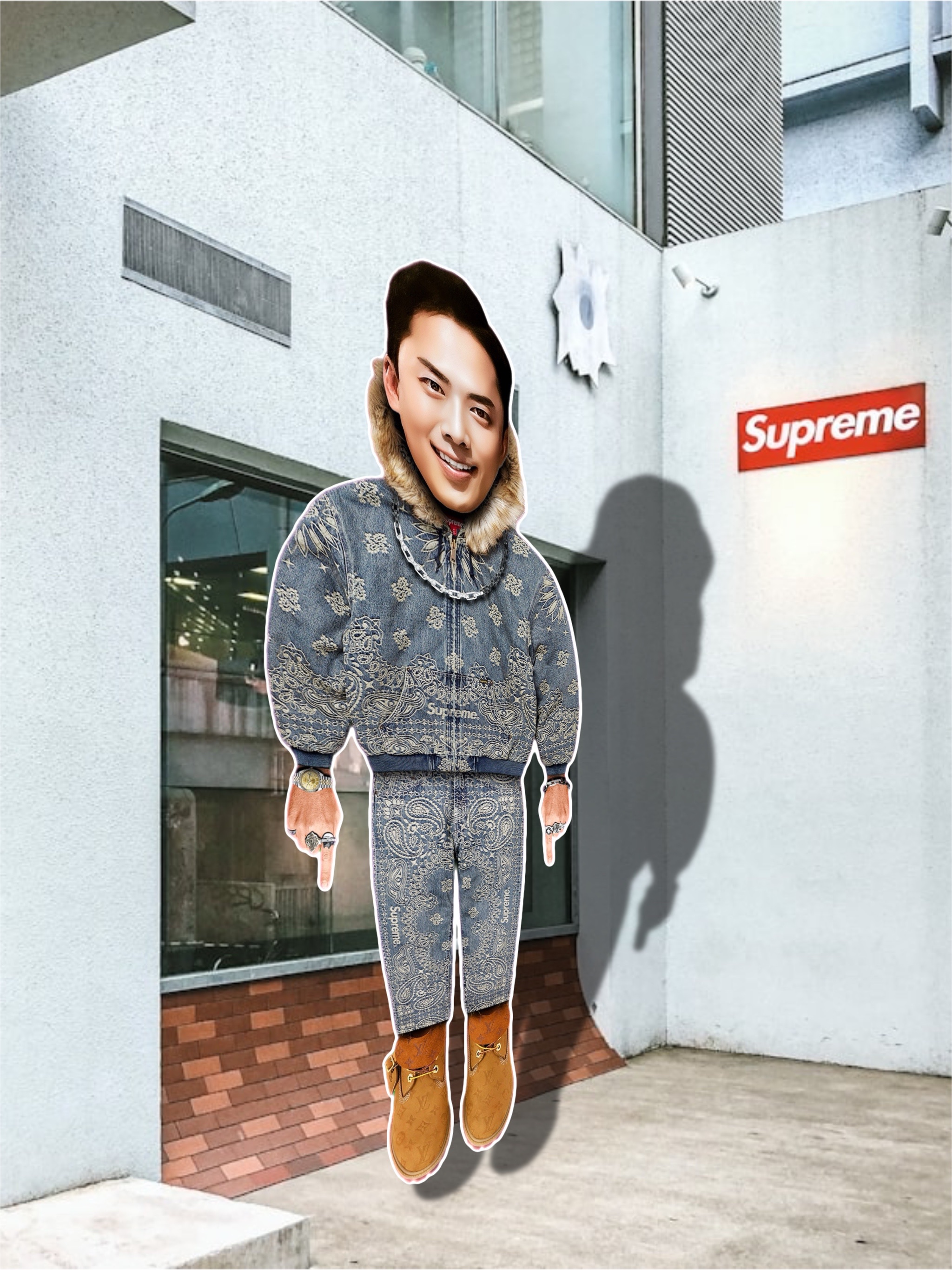 Supreme Bandana Jacquard Denim Hooded Work Jacket Blue - 25SS, Supreme Bandana Jacquard Baggy Jean Blue - 25SS 착용 스타일 - 2