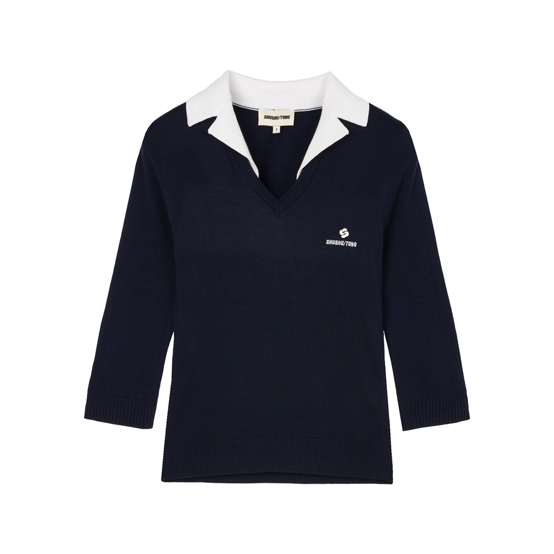 슈슈통 우먼 패치워크 라펠 니트 탑 네이비 블루 - 25SS(Shushu/Tong Women Patchwork Lapel Knit Top Navy Blue - 25SS)