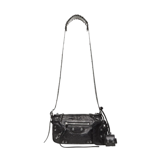 719082 Balenciaga Arena Lambskin Aged Silver Hardware Le Cagole XS Flap Bag Black