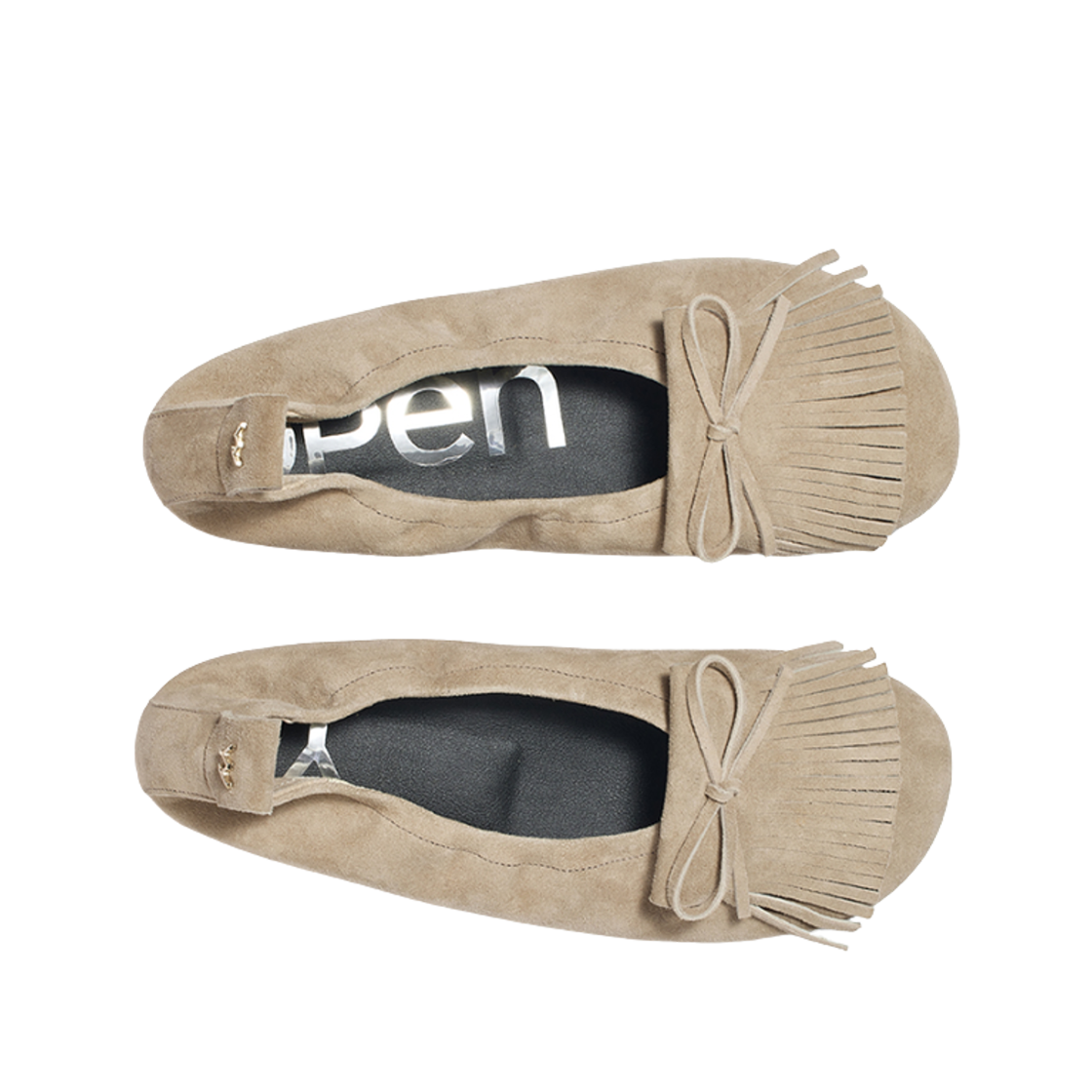 (W) 오픈 Yy 번 스웨이드 프린지 플랫 베이지((W) Open Yy Bun Suede Fringe Flats Beige) - 2