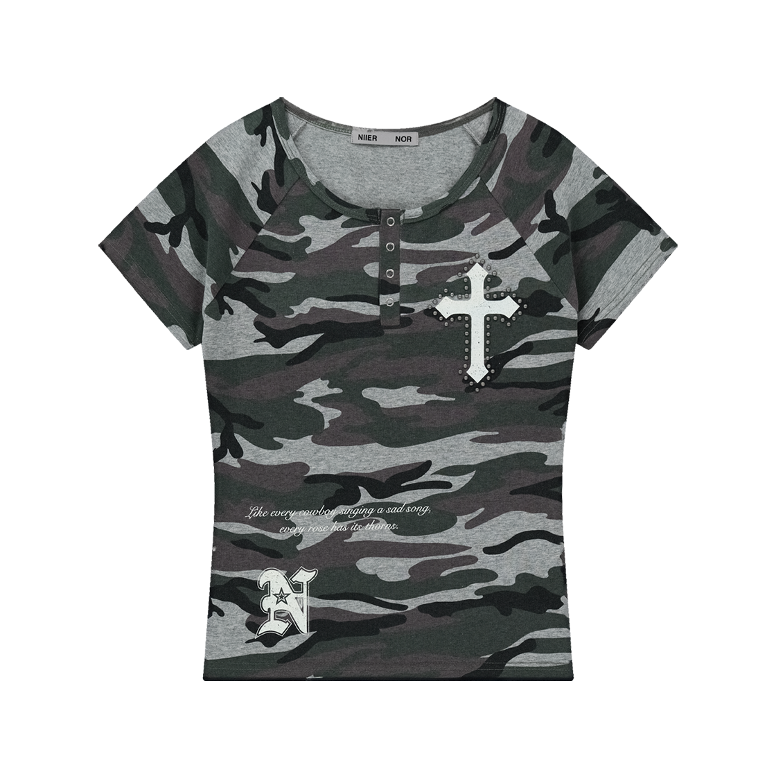 トップス NIIER NOR VINTAGE CROSS BUTTON DOWN TEE 니어 노어 빈티지 크로스 버튼다운 티 멜란지 카모 | NIIER NOR