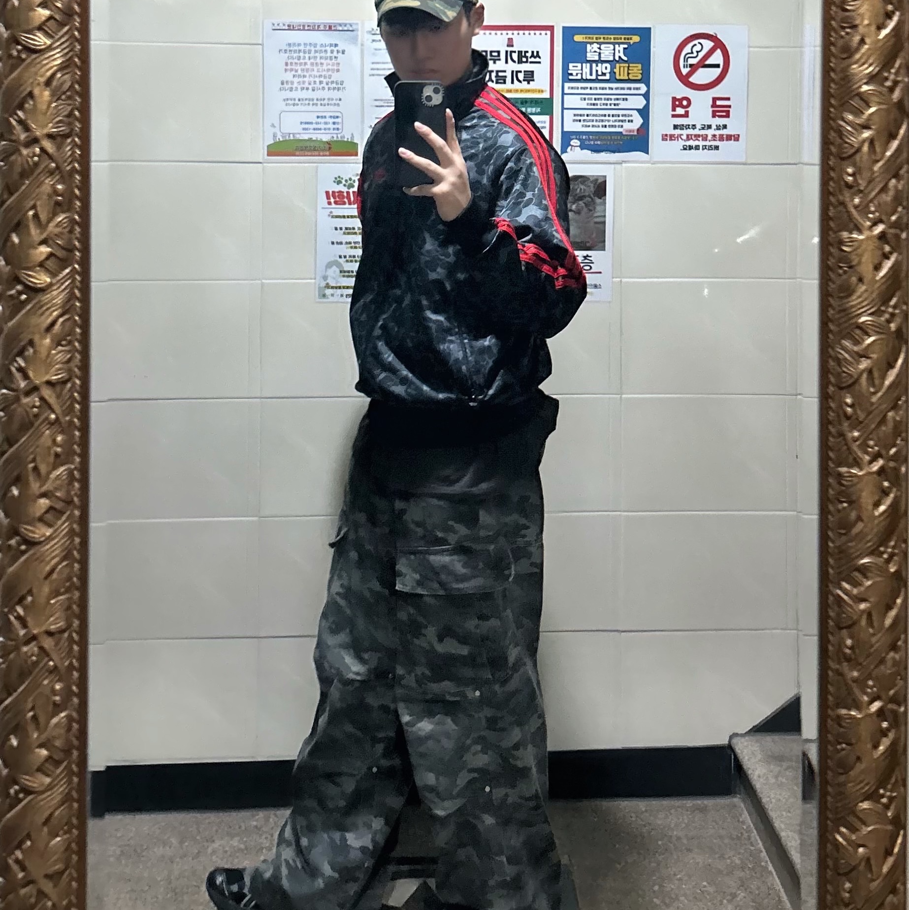 Adidas x BAPE Allover Print Track Top Black - KR Sizing, Asics Gel-Kayano 14 Black Pure Silver 착용 스타일 - 2
