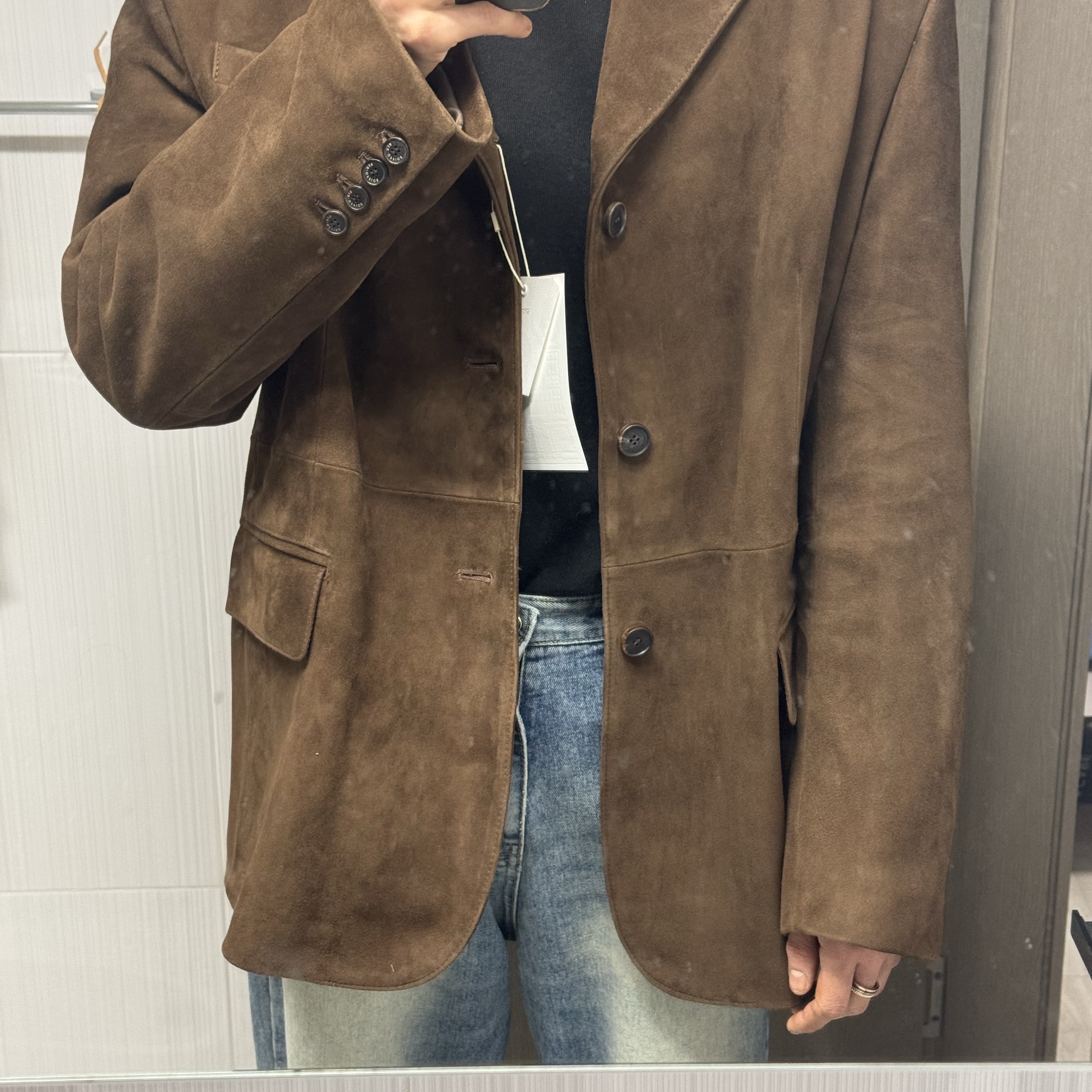 STU Goat Suede Blazer Brown 착용 스타일