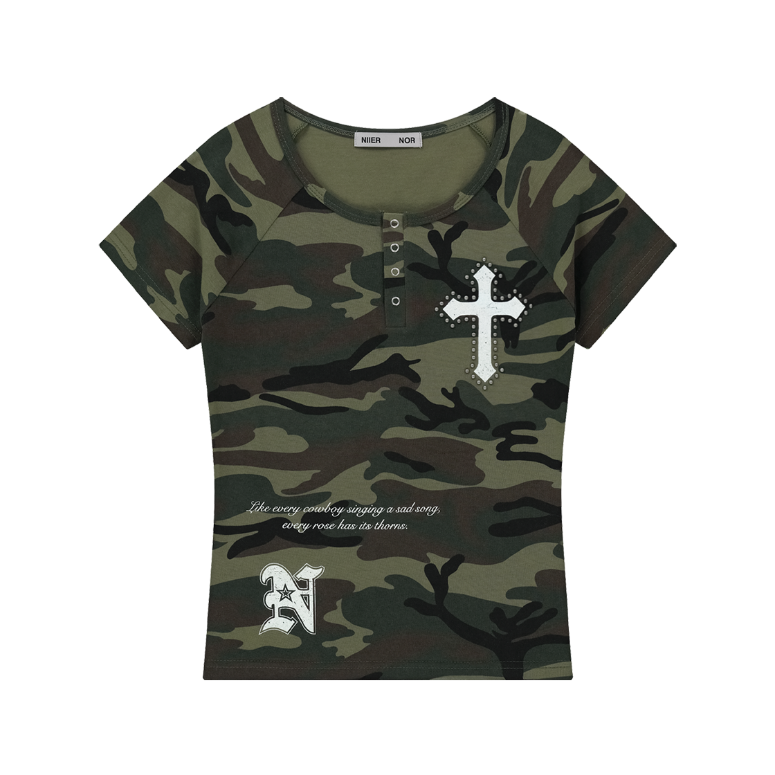 25NNSSTTSF004CA NIIER NOR Vintage Cross Button Down Tee Camo