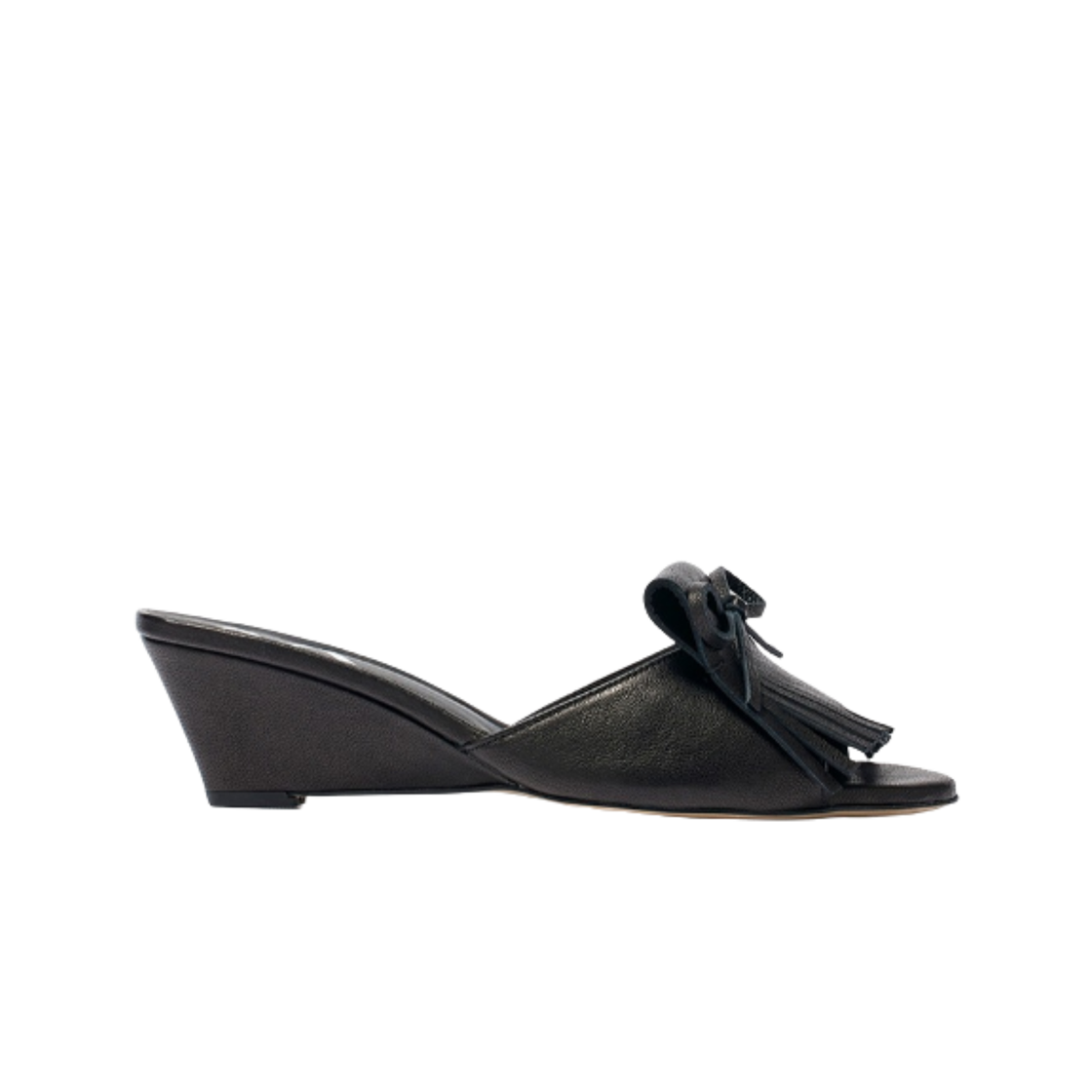 (W) 오픈 Yy 프린지 웨지 뮬 블랙((W) Open Yy Fringe Wedge Mule Black)