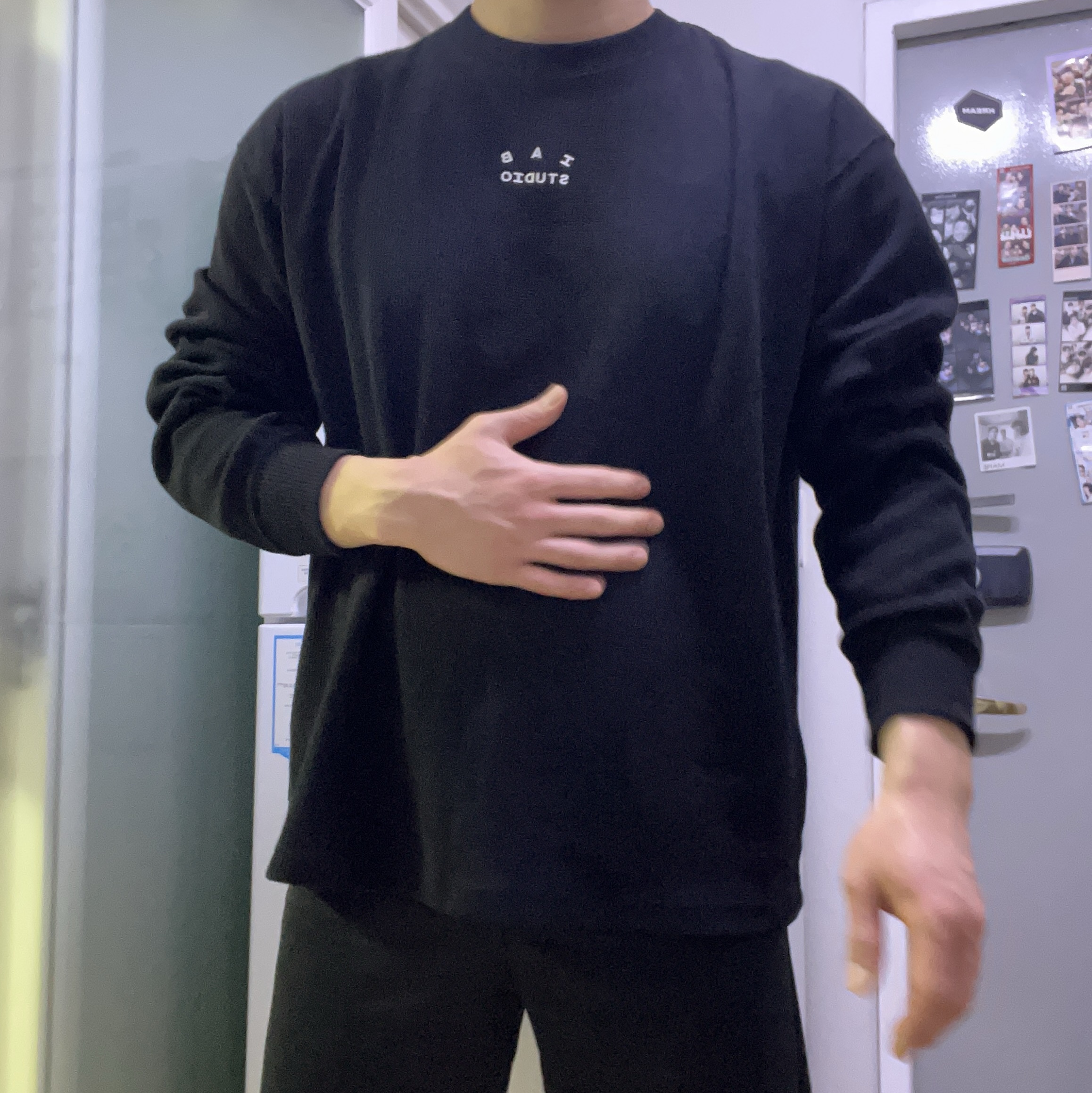 IAB Studio Waffle Long Sleeve Black White 착용 스타일