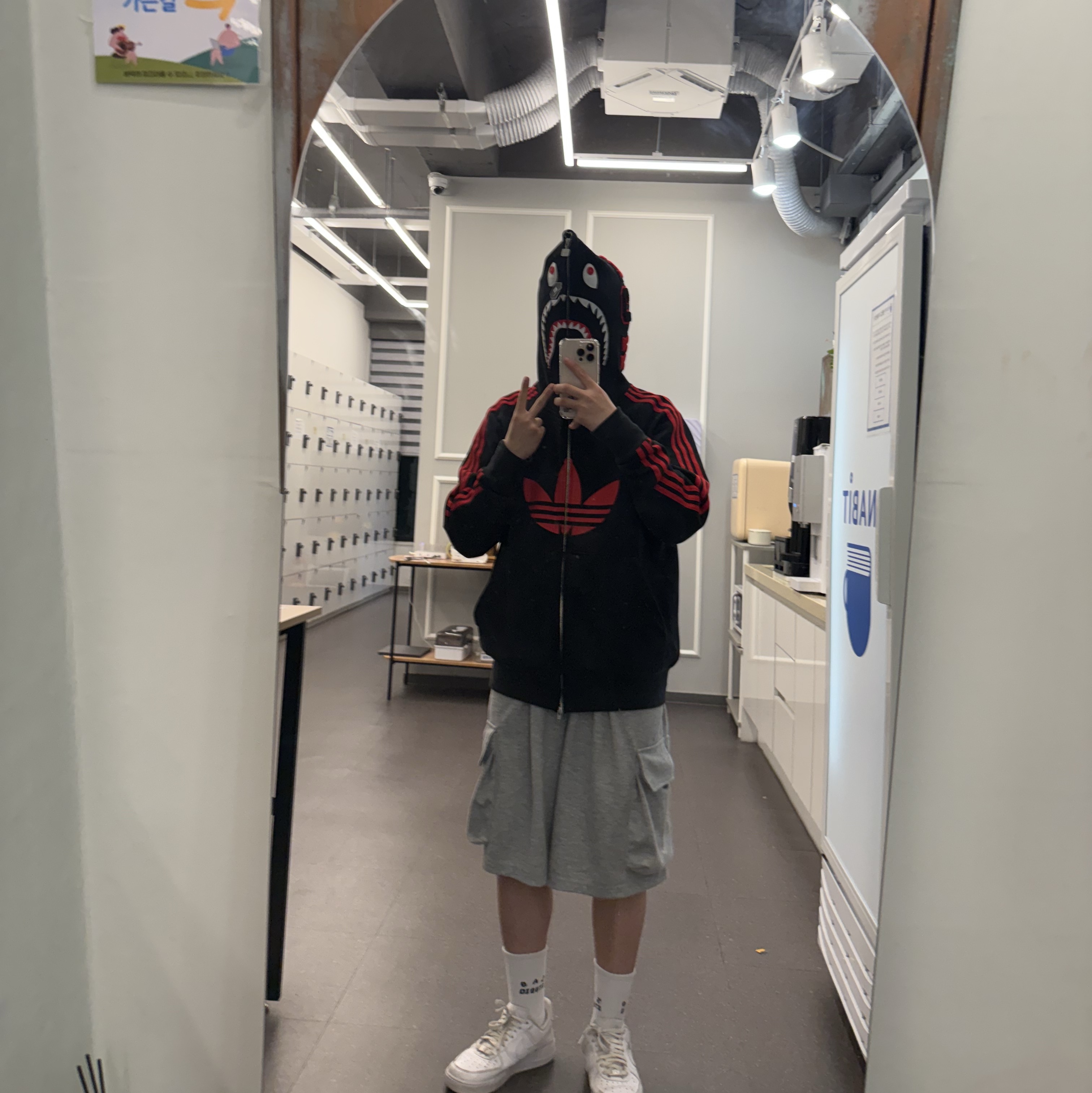 Adidas x BAPE Ultimate Shark Hoodie Black - KR Sizing, IAB Studio Socks White (5 Pack) 착용 스타일