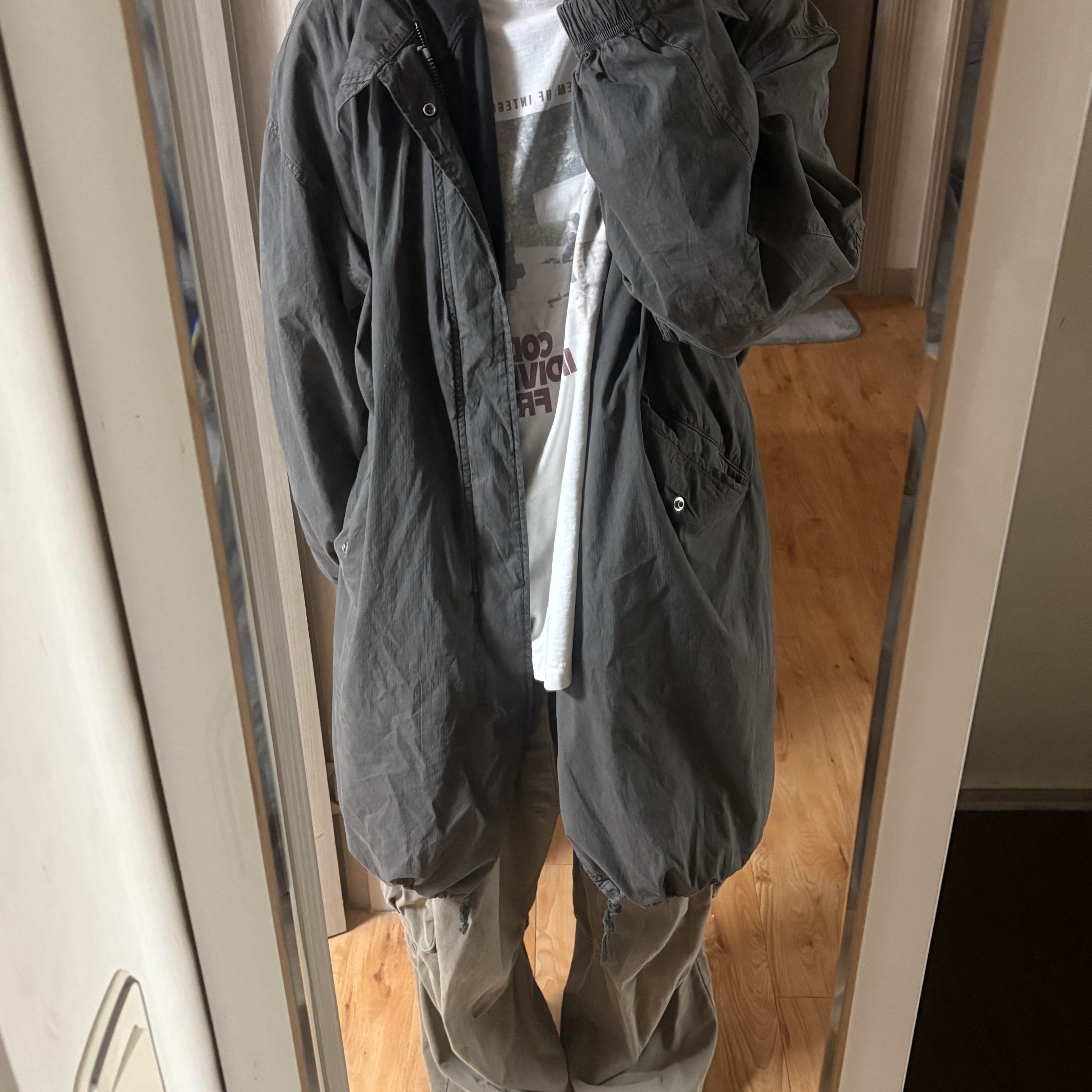 Polyteru Dell Parka Sage Gray 착용 스타일