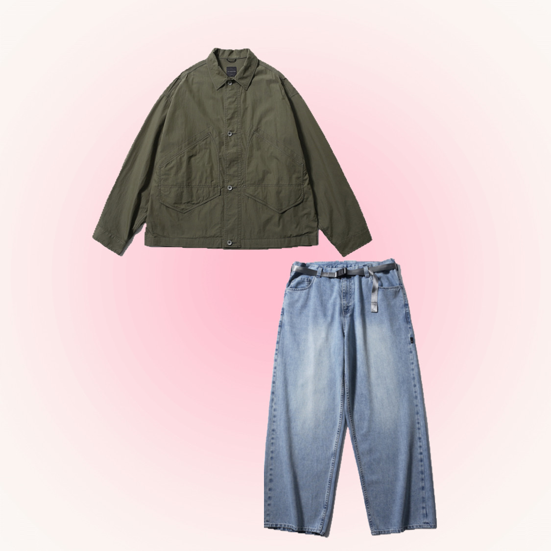 [SS25] moif Over Work Jacket Light Olive, [SS25] moif Wide 6P Belted Denim Pants Bleached Indigo 착용 스타일