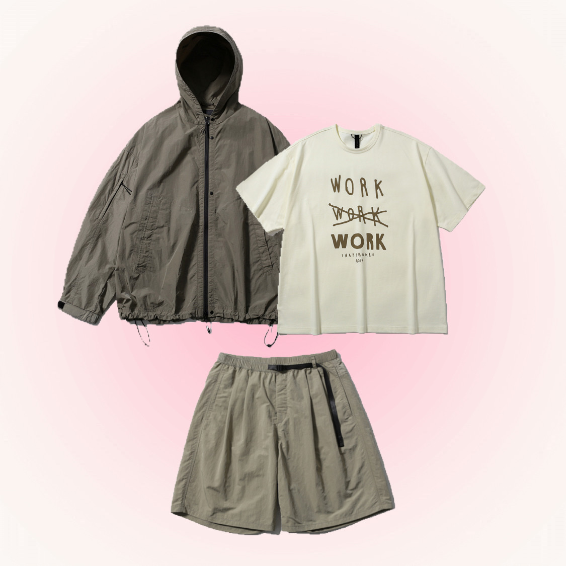 moif x inapsquare City Dweller Parka Sand, [SS25] moif Weekend Shorts Sand 착용 스타일 - 1