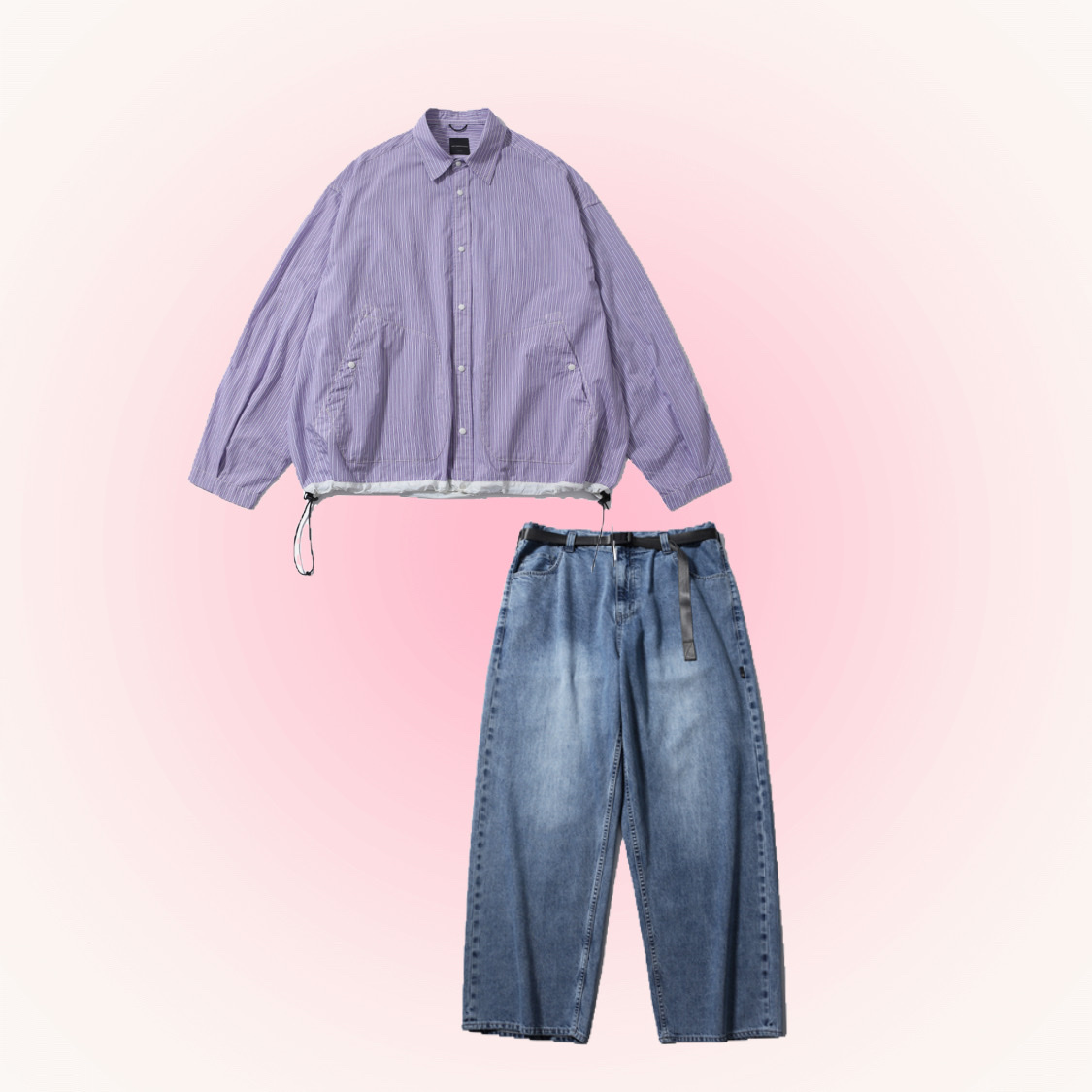 [SS24] moif Wide Drawstring Blouson Purple Stripe, [SS25] moif Wide 6P Belted Denim Pants Used Wash Medium Indigo 착용 스타일