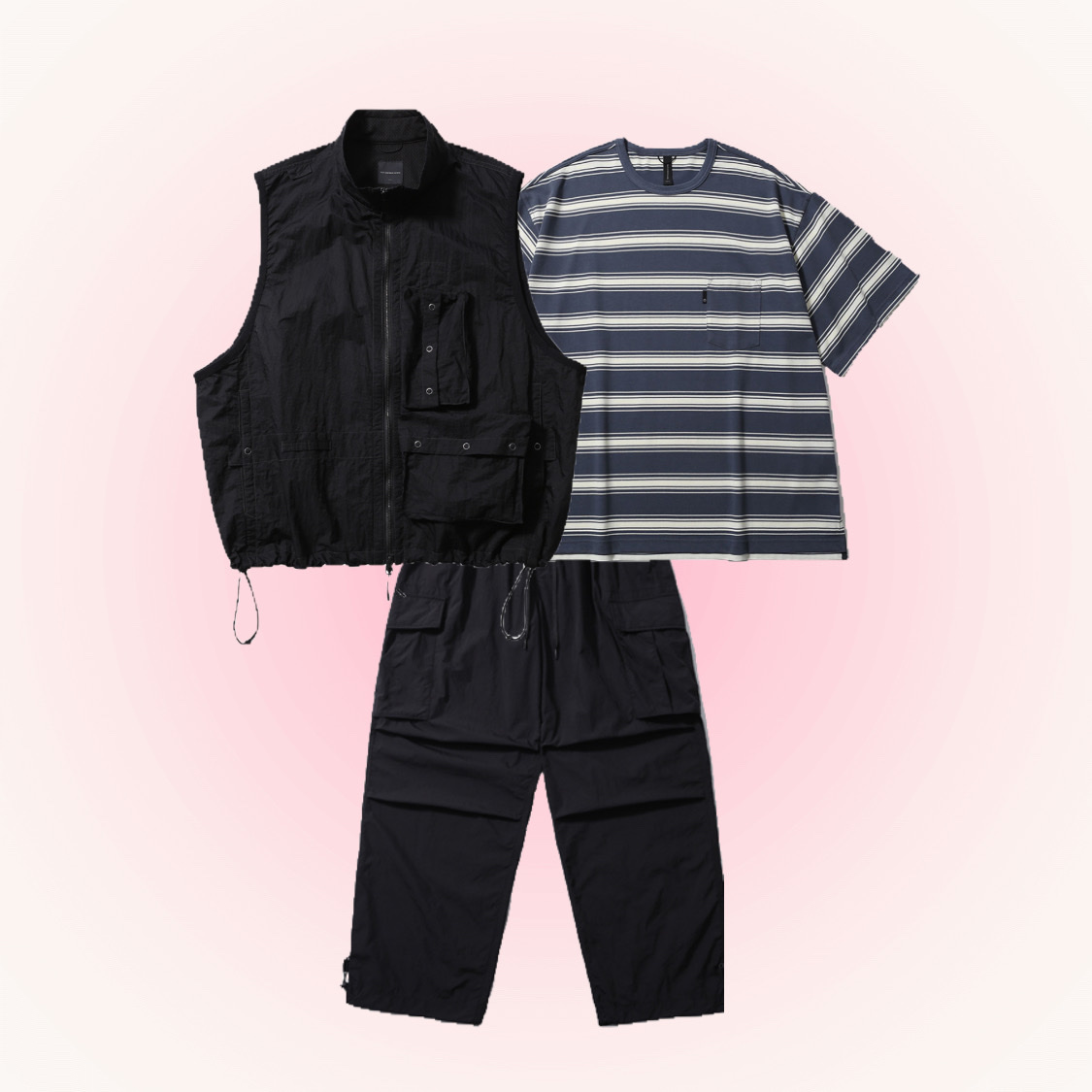 [SS25] moif Multi Device Vest Black, [SS25] moif One Pocket H/S Tee Blue Stripe 착용 스타일