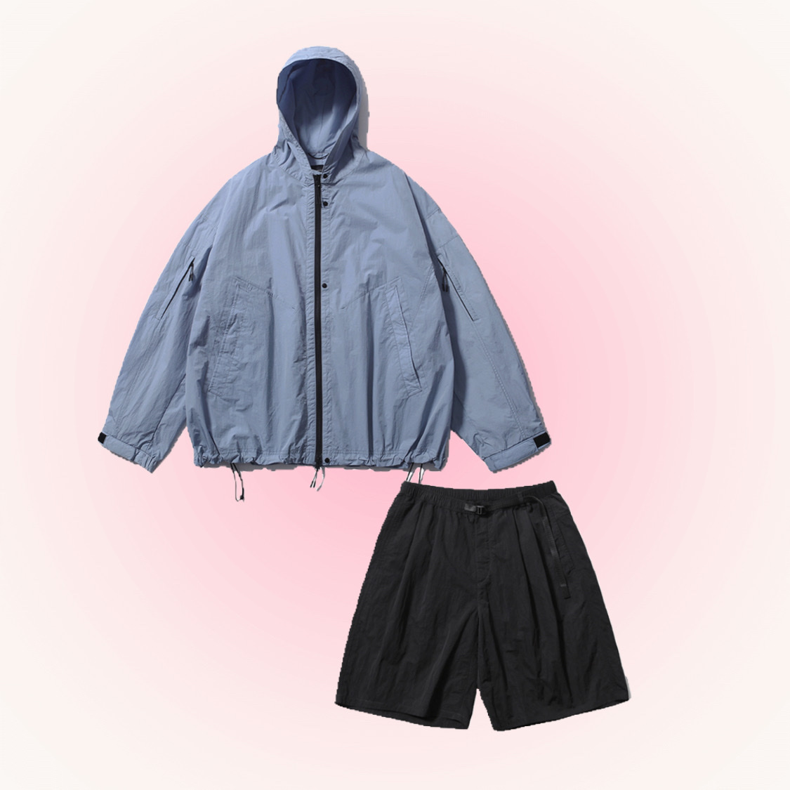 [SS25] moif City Dweller Parka Ice Blue, [SS25] moif Weekend Shorts Black 착용 스타일