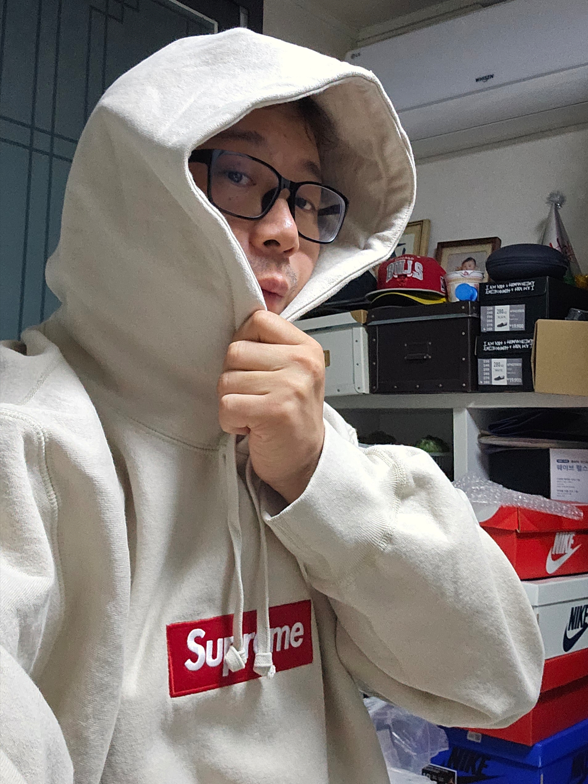 Supreme Box Logo Hooded Sweatshirt Stone - 24FW 착용 스타일 - 3