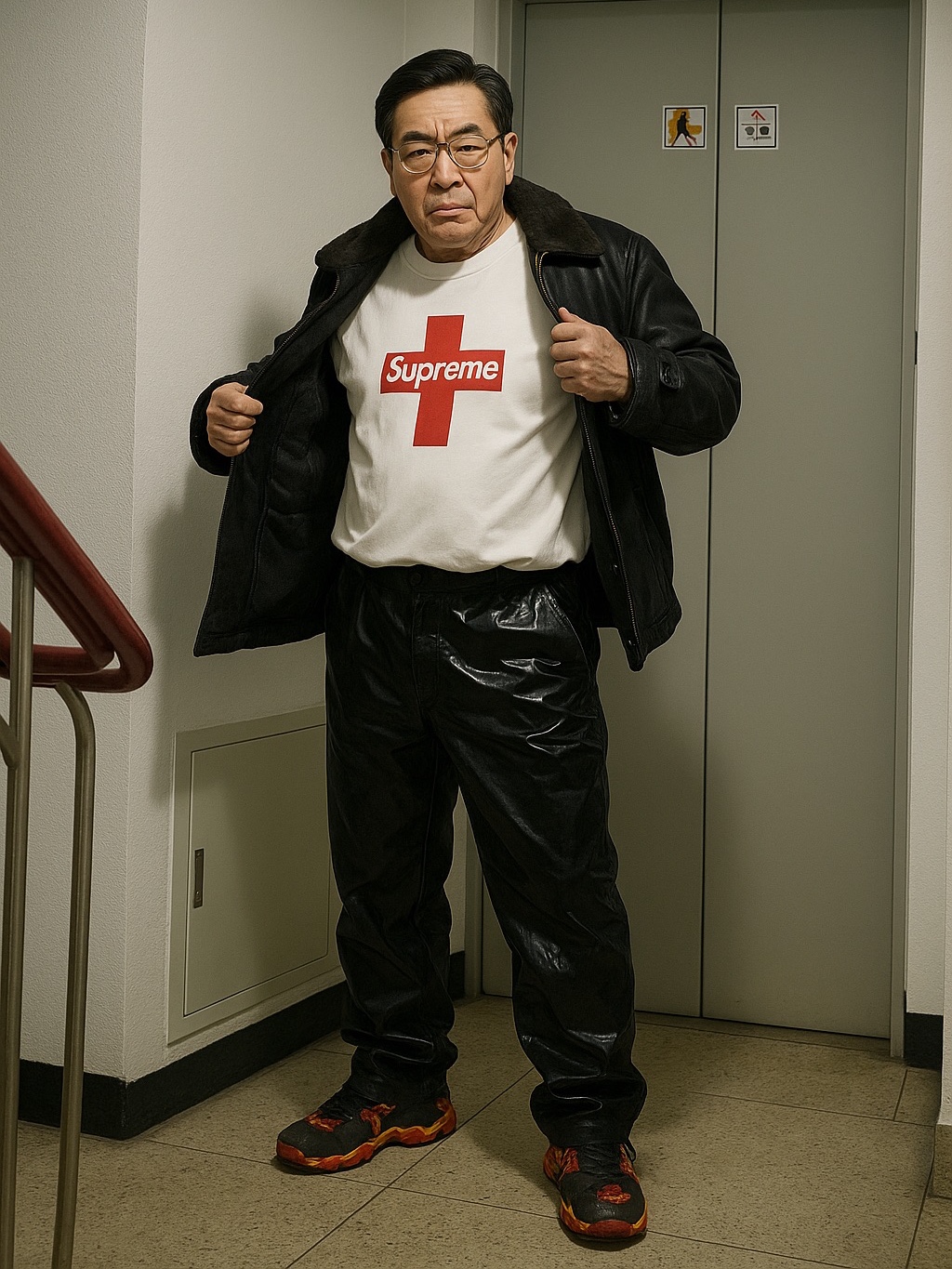 Supreme Cross Box Logo T-Shirt White - 20FW, Supreme x Stone Island Hand-Painted Hooded Shearling Jacket Black - 20FW 착용 스타일 - 3