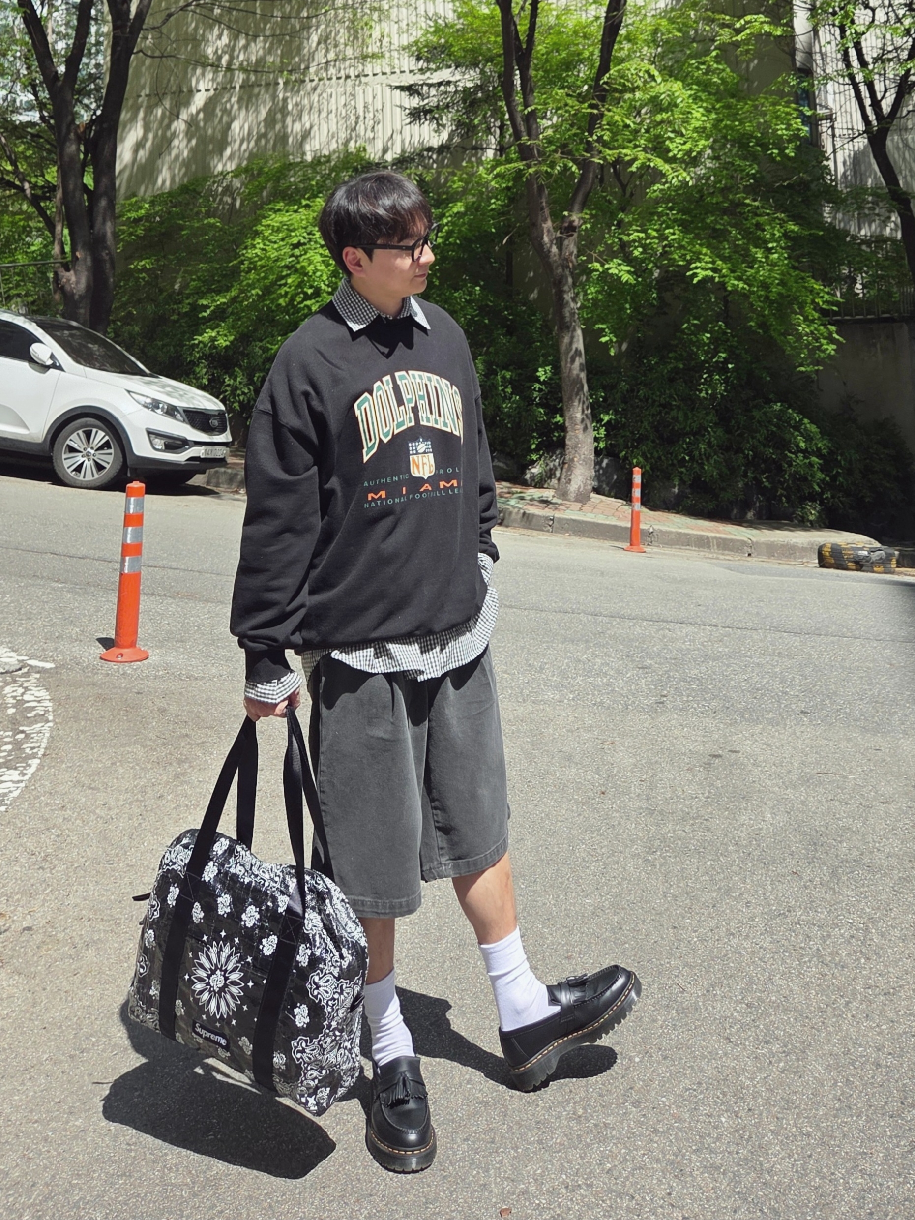 Dr. Martens Adrian Bex Smooth Leather Tassel Loafers Black, Supreme Bandana Tarp Small Duffle Bag Black - 21SS 착용 스타일