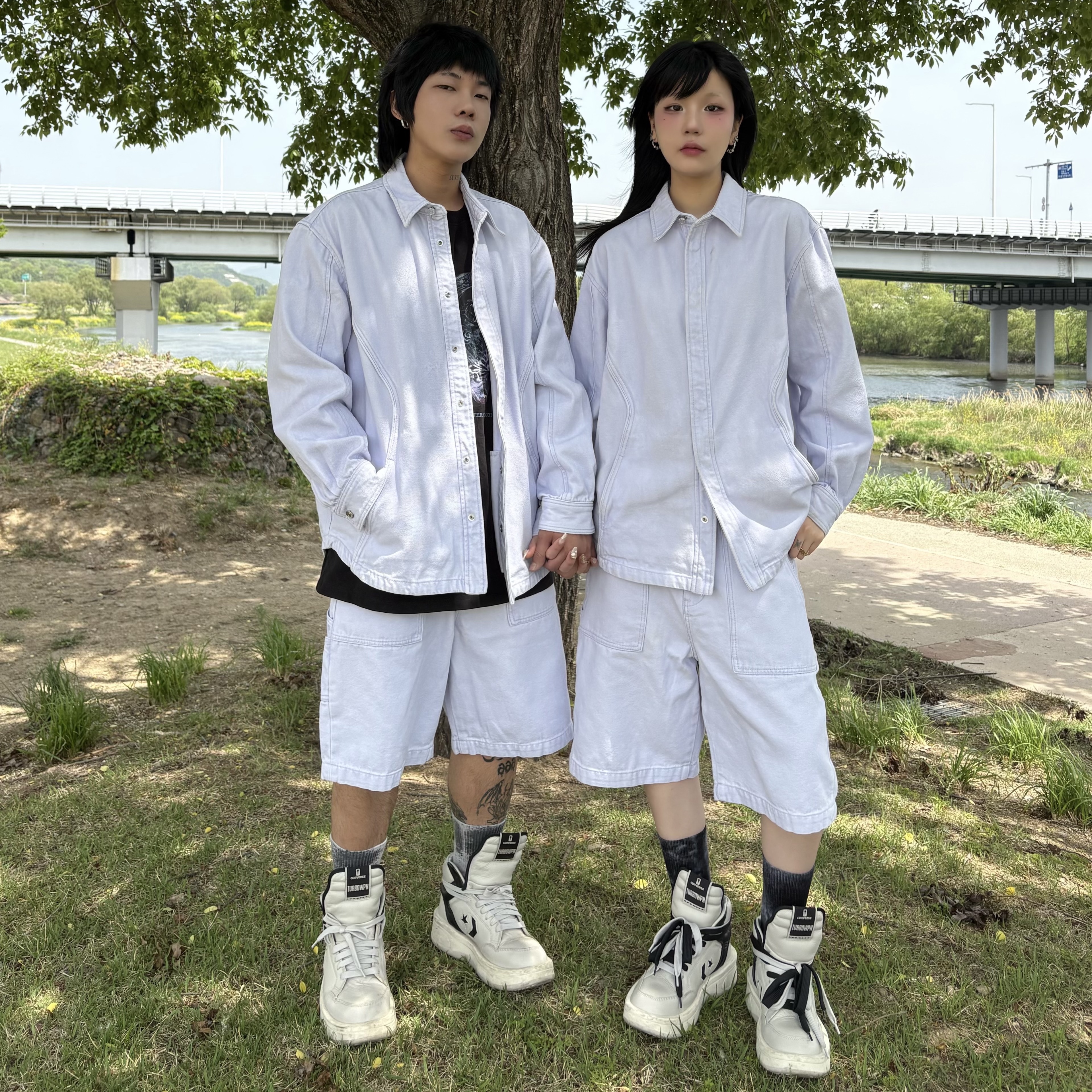 Customellow Line Denim Shirt Purple, Customellow Fatigue Denim Shorts Purple 착용 스타일