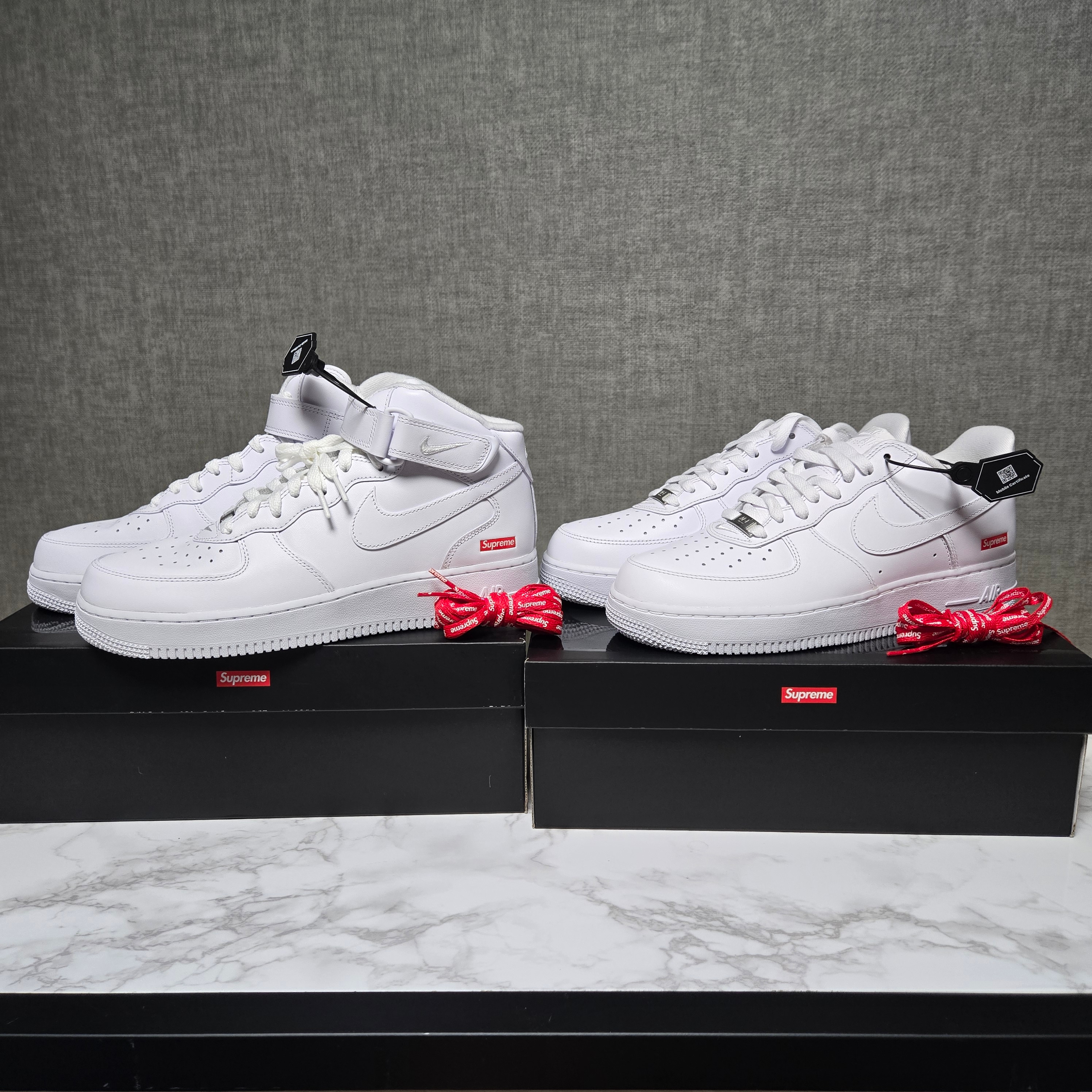 Nike x Supreme Air Force 1 Low White, Nike x Supreme Air Force 1 Mid White 착용 스타일