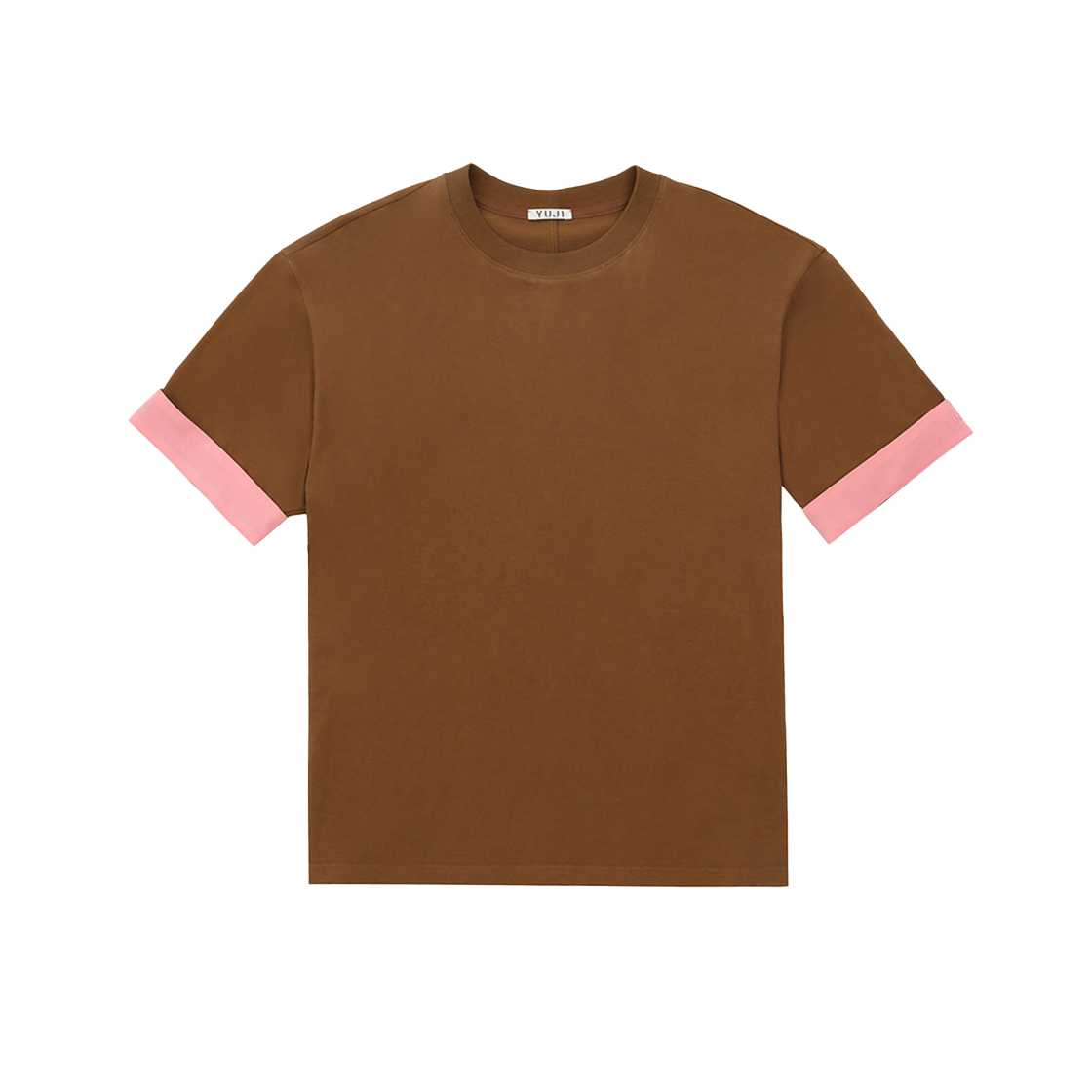 유지 대비 턴업 소매 티셔츠 유니섹스 브라운(YUJI Contrast Turn-Up Sleeves T-Shirt Unisex Brown)