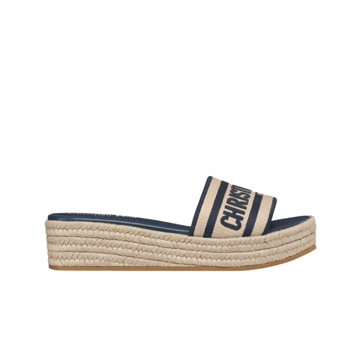 (W) Dior Dway Platform Slide Embroidered Cotton Natural Raffia Deep Blue